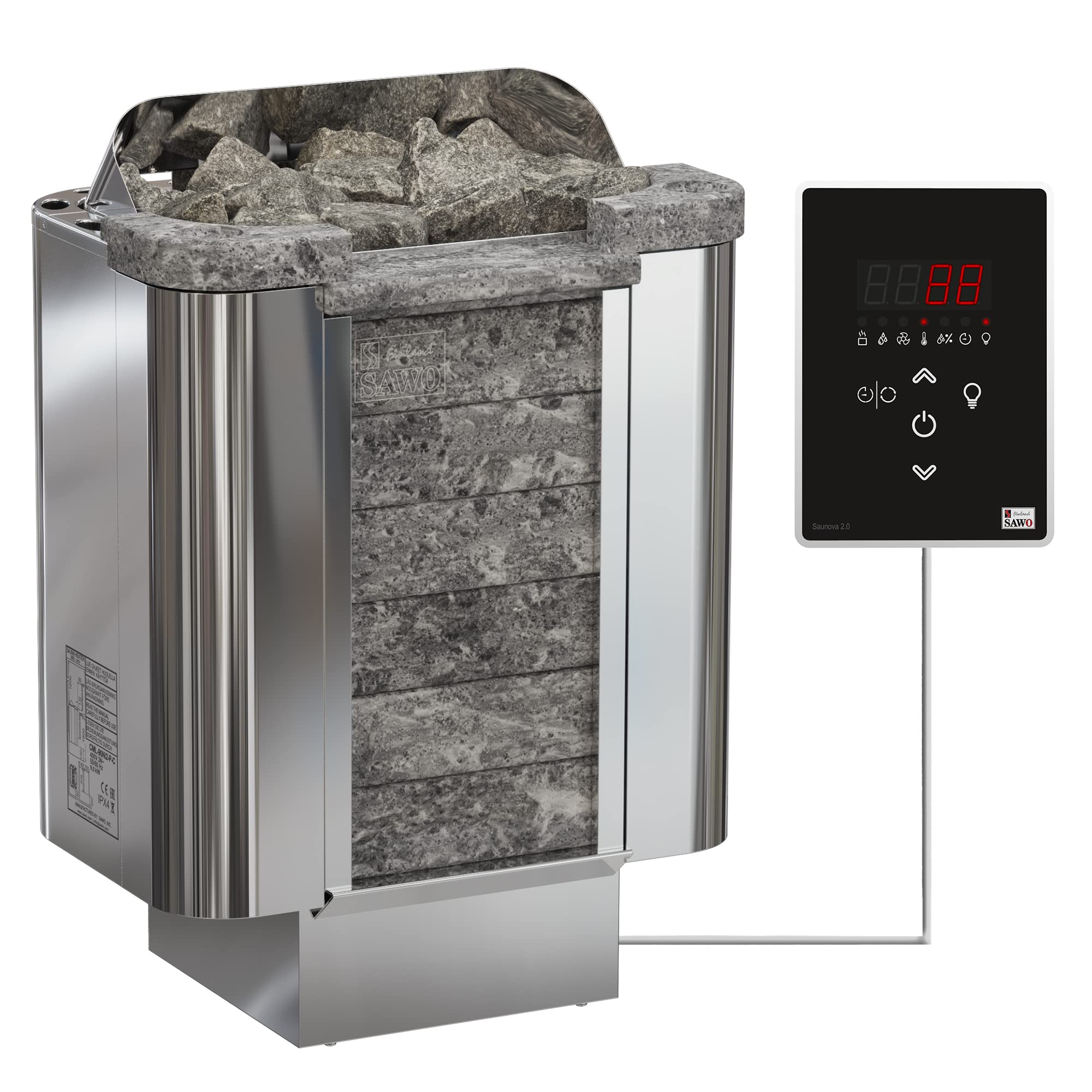 Sawo Cumulus Ni2 - Stufa elettrica per sauna da 9 kW, 230 V/400 V, con pannello di controllo Saunova e pietre da sauna da 20 kg