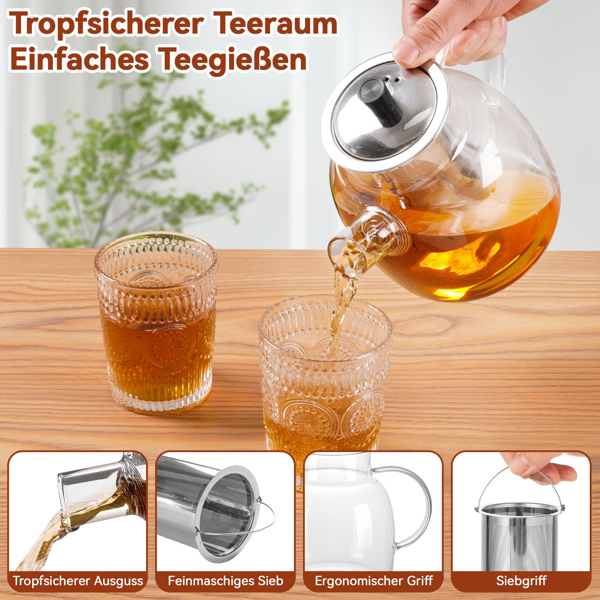 1500ml Teekanne mit Siebeinsatz, Teekanne Glas Aus Hitzebeständigem Borosilikatglas, Wasserkaraffe Geeignet Zum Aufbrühen Von Tee, Blumentee, Früchtetee, Kräutertee Und Teebeuteln, Einfache Reinigung