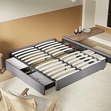 Bed with Storage Drawers, Flexible Wooden Slatted Base, 8 Legs, Grey Fabric Frame, Stable and Solid Bed, 4 Storage Spaces Under Bed Using Drawers. (Grey, 120 x 190 cm)