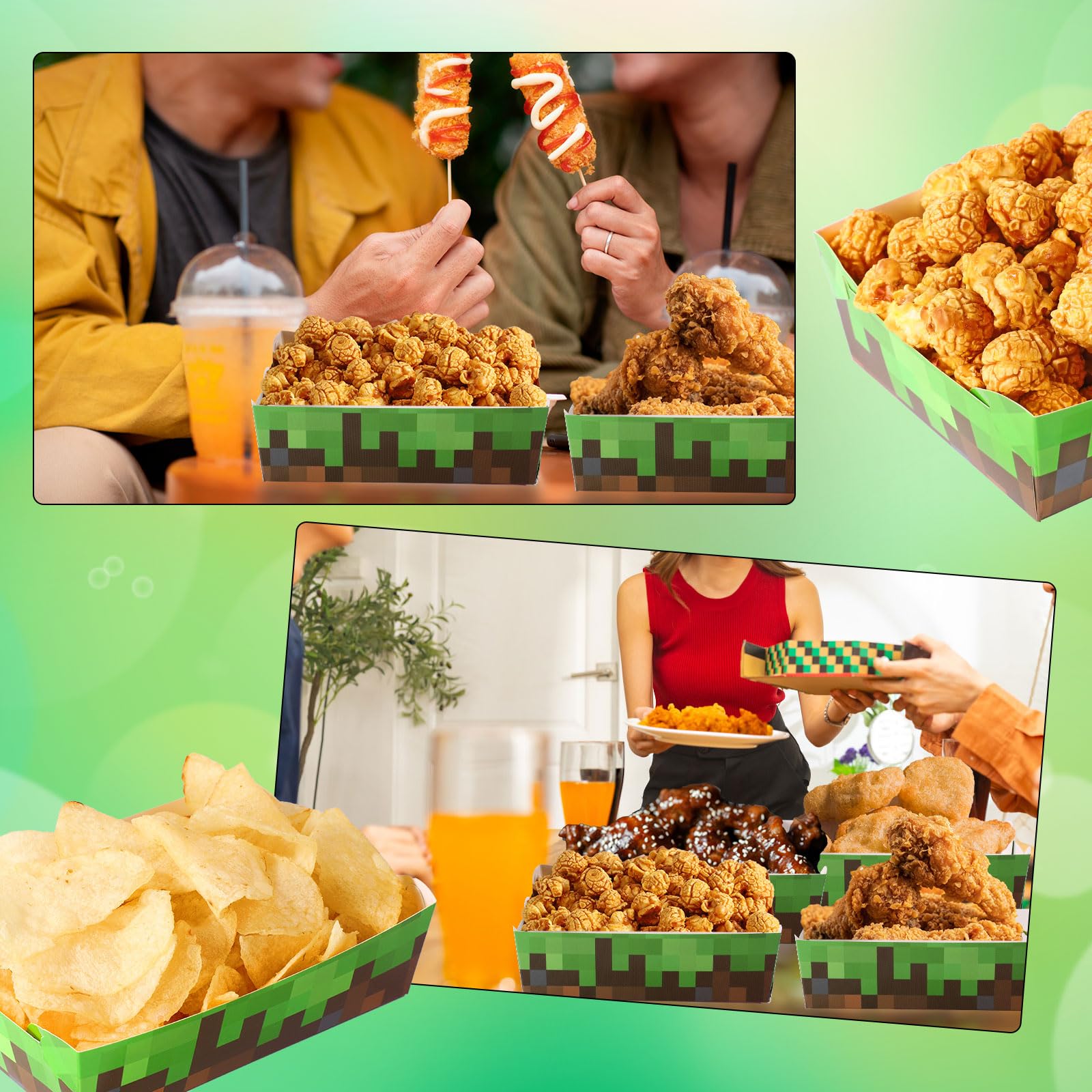 BOXOB Lot de 36 Plateaux Repas en Papier, Imperméables et Ingraissables pour Anniversaires et Fêtes sur Le Thème des Jeux Vidéo (Vert, Marron)