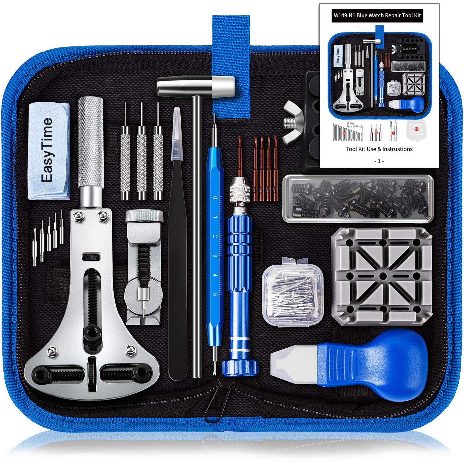 EasyTime Watch Repair Tool Kit for Case Opening and Strap Adjustment, 149 PCS Professional Watch Back Remover Tool Kit for Watch Battery Replacement, Spring Bar Tool for Watch Band Link Pin Removal