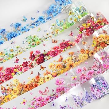 6 Rolls PET Washi Tape 50mm Wide Flowers Transparent Ephemera Light Decorative Aesthetic Floral Stickers Set for Junk Journaling, Scrapbook Supplies, Crafting, DIY Projects