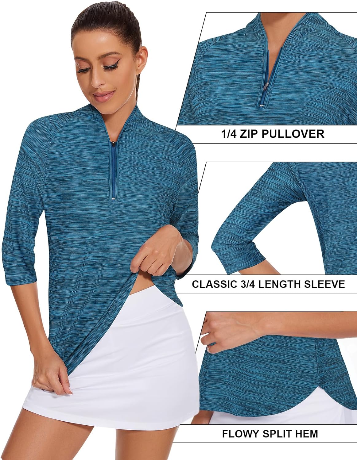 Cucuchy Womens Golf Shirt Quick Dry 3/4 Sleeve Quarter Zip Polo Workout Tops Tennis Shirts S-XXL - Image 3
