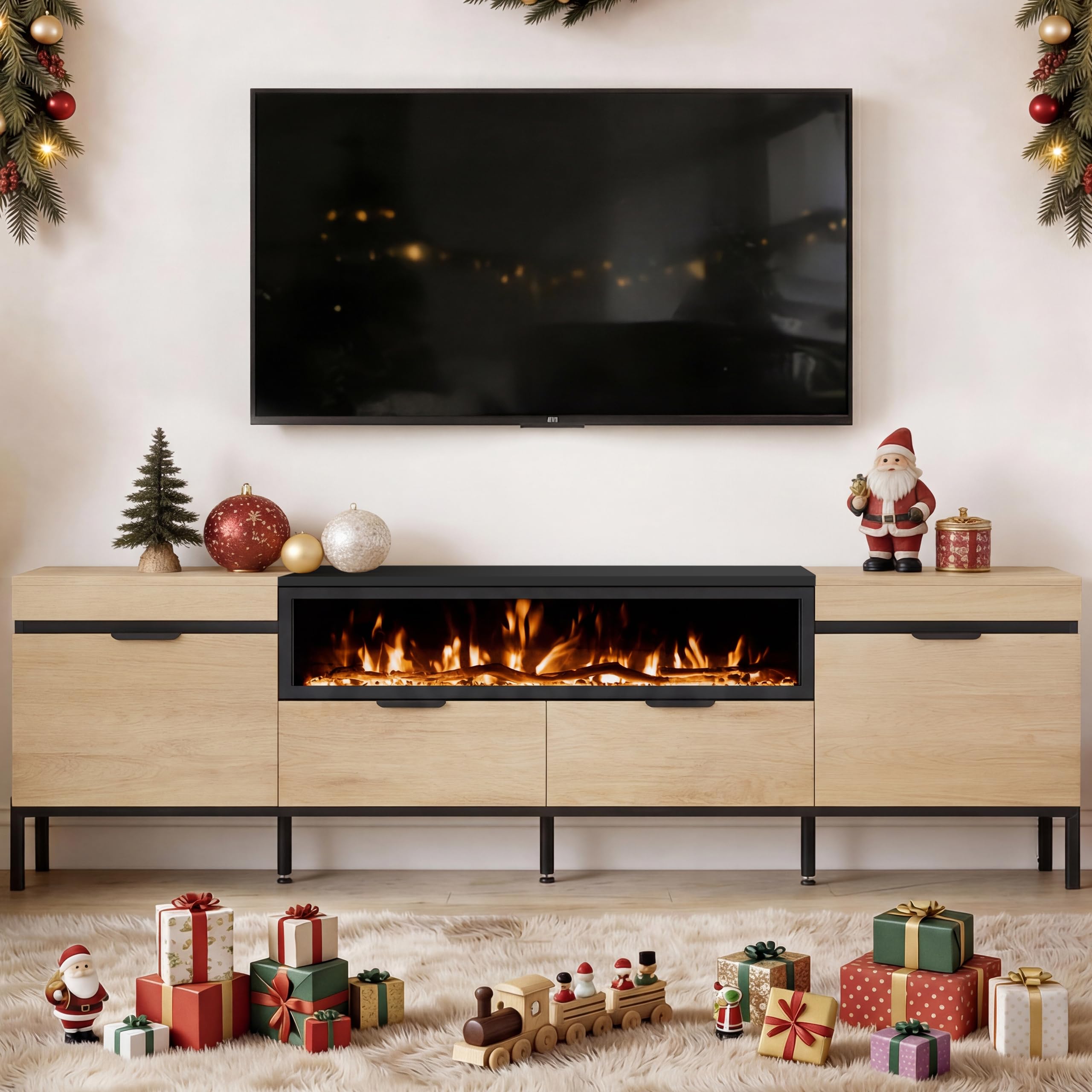 Weyderk 80" Electric Fireplace TV Stand with 40" Fireplace Insert, Ambiance Only No Heat, Modern Media Console for Living Room with 2 Drawers,