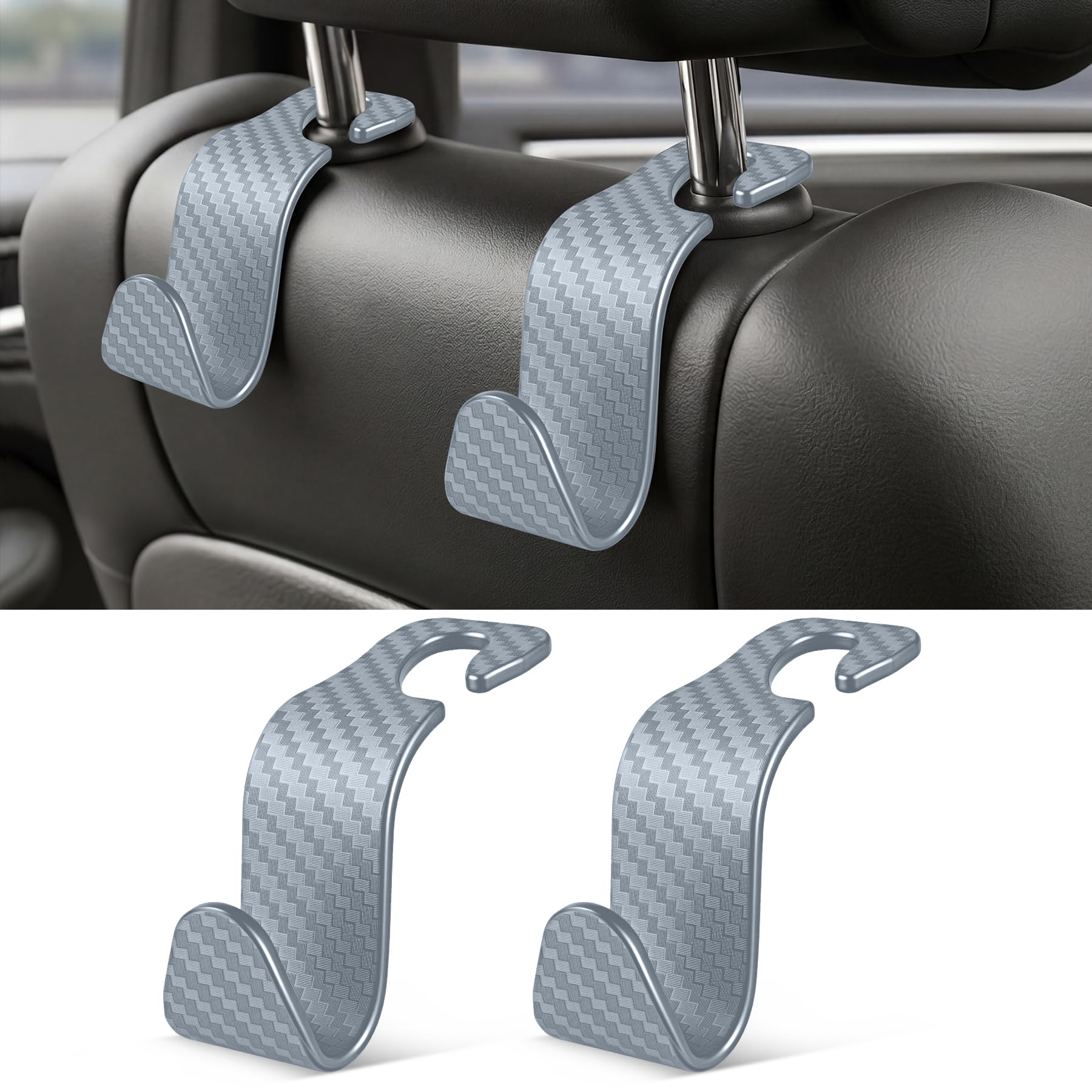 SINGARO Universal 2 Pack Car Seat Headrest Purse Hook, Carbon Fiber Back Seat Hook Storage Organizer Hanger for Purse Handbag Coat, Car Interior Accessories(Gray)