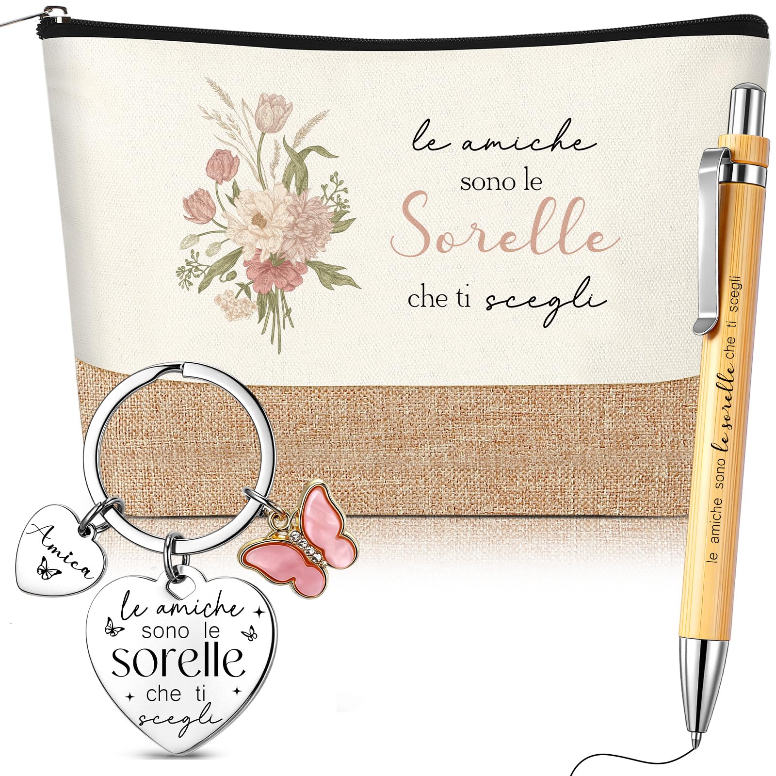 Jadive 3 Pezzi Set Regali da Fare alla Sorella Includere Pochette Cosmetica in Lino Patchwork Portachiavi Amicizia Penna a Sfera Legno per Donna Migliore Amica Compleanno Laurea Universitari Ufficio