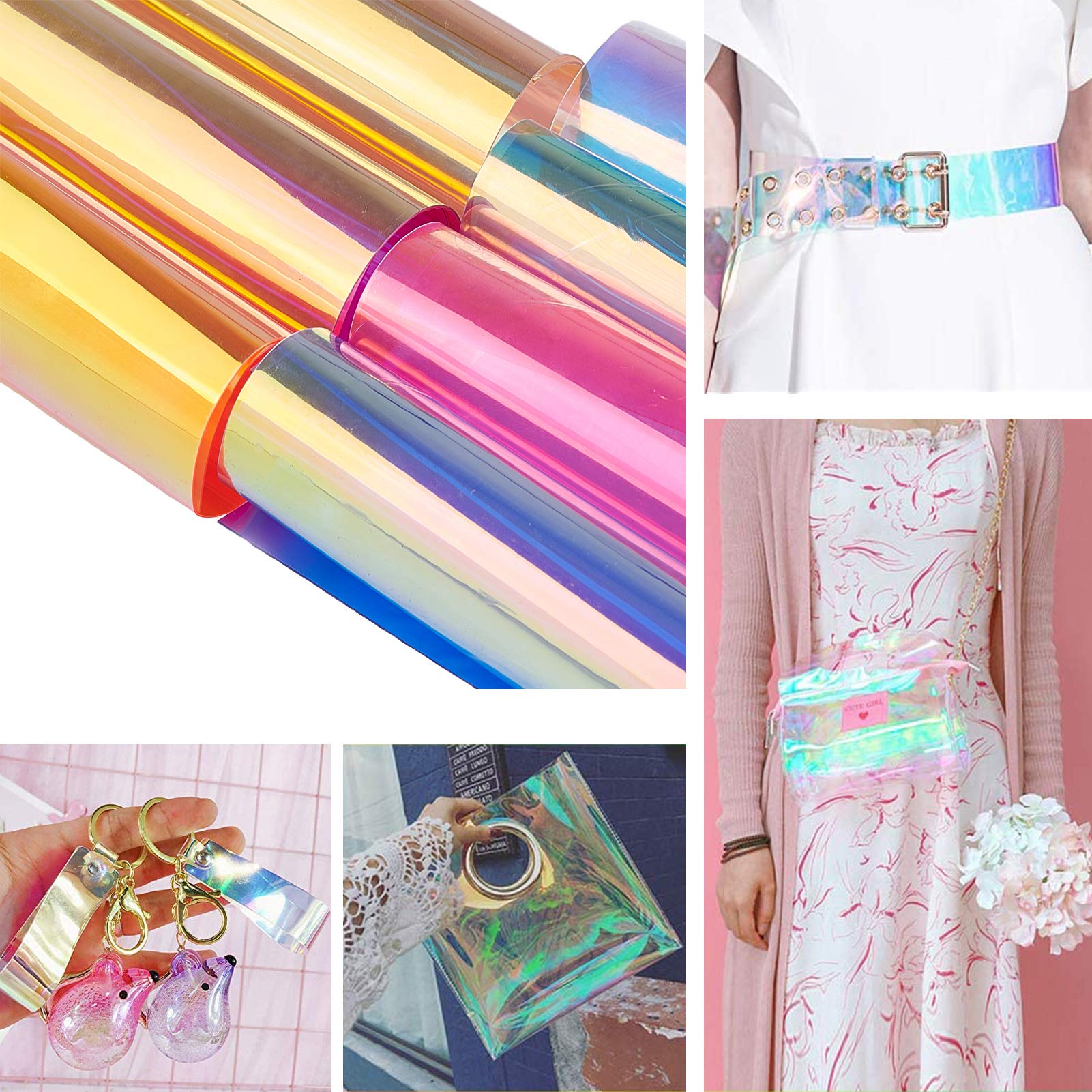 GORGECRAFT 7Pz Foglio olografico in PVC 8 "x 12" Vinile trasparente iridescente Arcobaleno Pellicola trasparente lucida Pellicola a specchio Tessuto per scarpe Borsa da cucire
