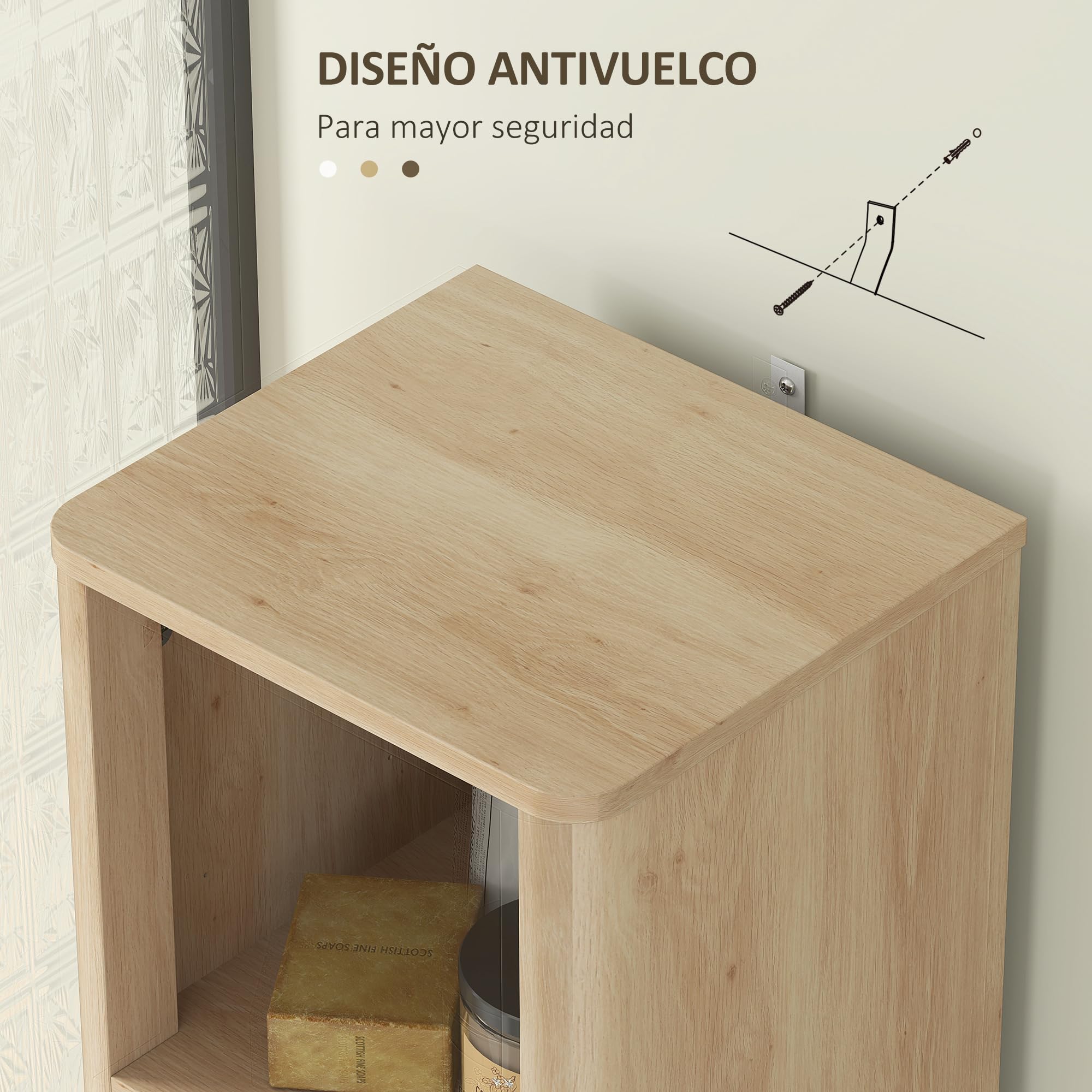 HOMCOM Mueble de Baño Estrecho Puerta de Acanalado 33x30x170 cm Natural | Columna de Baño, Cajón, 3 Compartimentos Abiertos, Estantes Ajustables