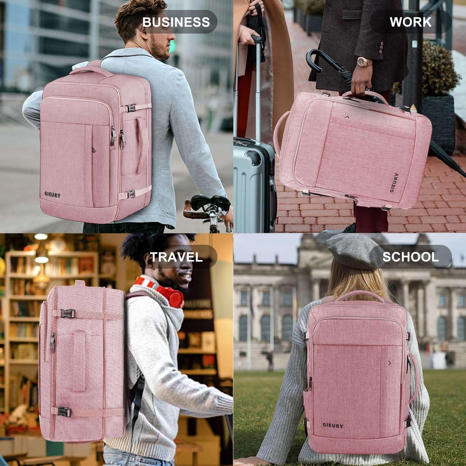 Gieury Mochila de viaje extensible para hombre y mujer 40-50 l, rosa, XL, Mochila de transporte