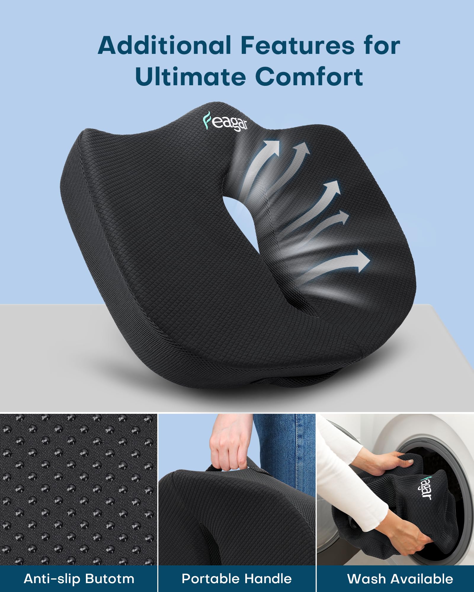 Feagar 2024 Nuovo Grande Cuscino Sedia Ufficio, Cuscino per Sedile XXL in Memory Foam, Ergonomico, Cuscino Coccige, Adatto per Uso Interno ed Esterno, Colore: Nero
