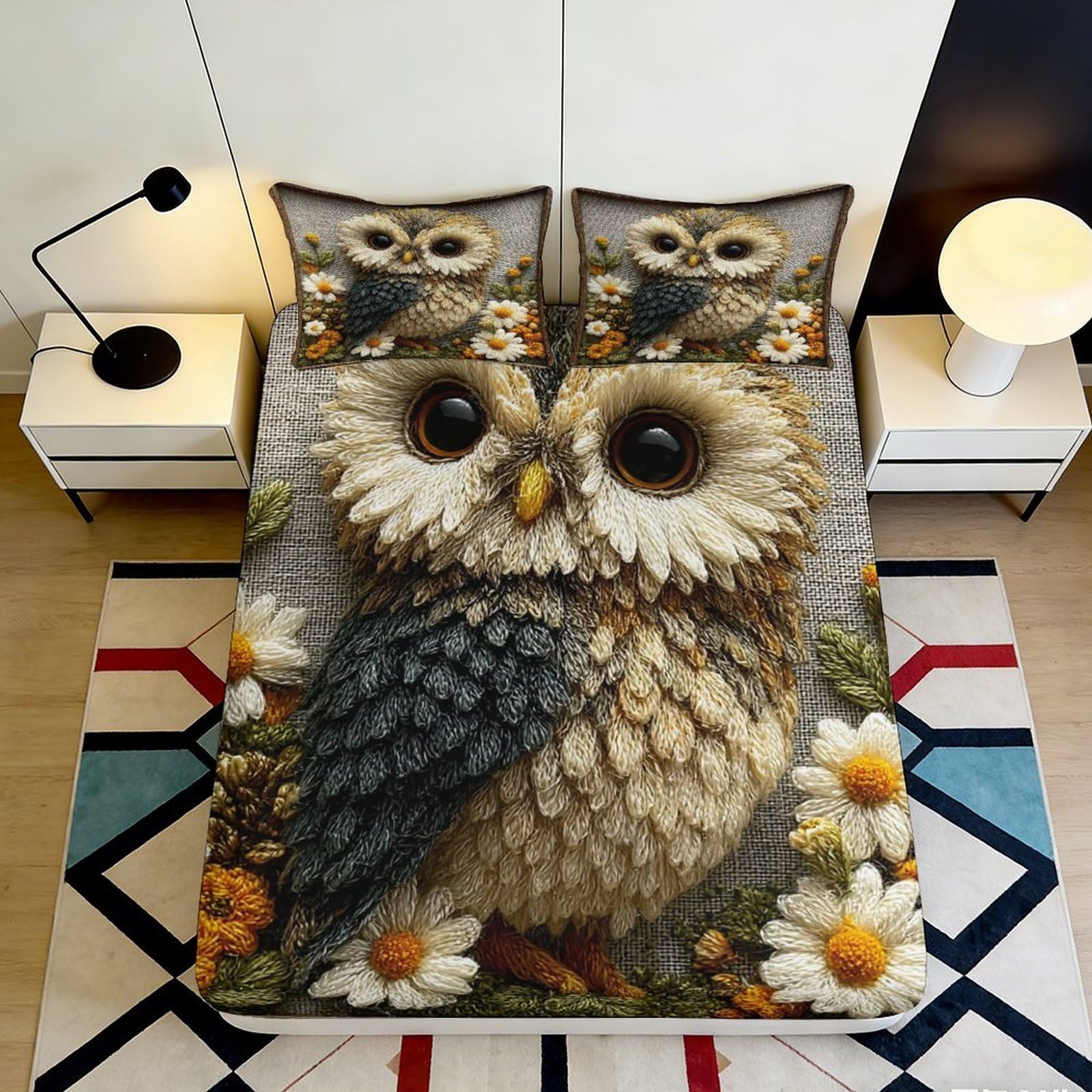 3D Printed Owl Fitted Sheet with Daisy Pattern, Microfiber Soft Touch, Wrinkle Resistant, Guest Room Bedding, Easy Care 90x200x25cm