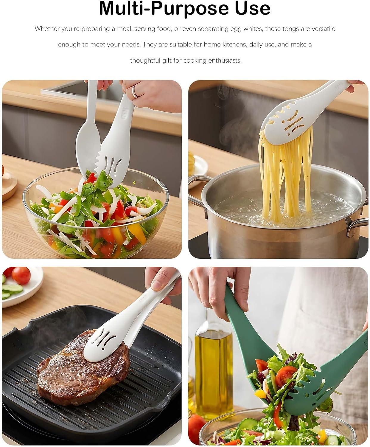 3-in-1 Multi-Functional Kitchen Tongs | Food Serving Spoon & Rice Spoon | Detachable & Easy to Clean | Non-slip Design for Home & Kitchen Daily Use (White)