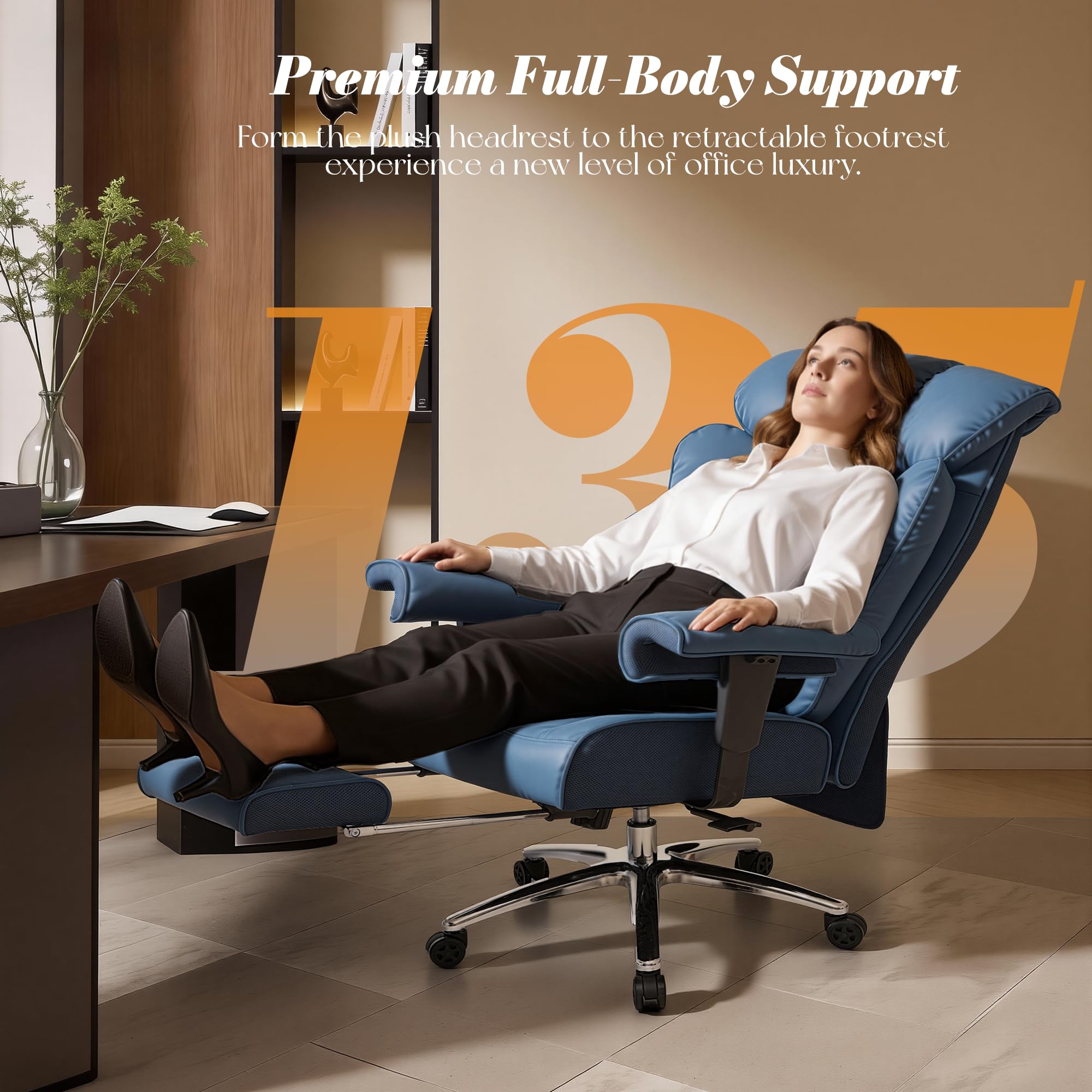 Efomao Sedia da Ufficio Ergonomica, Poltrona Direzionale in Ecopelle PU con Poggiapiedi Estraibile, Sedia da Scrivania Reclinabile con Imbottitura Spessa, Supporto Lombare, Portata 200kg (blu)