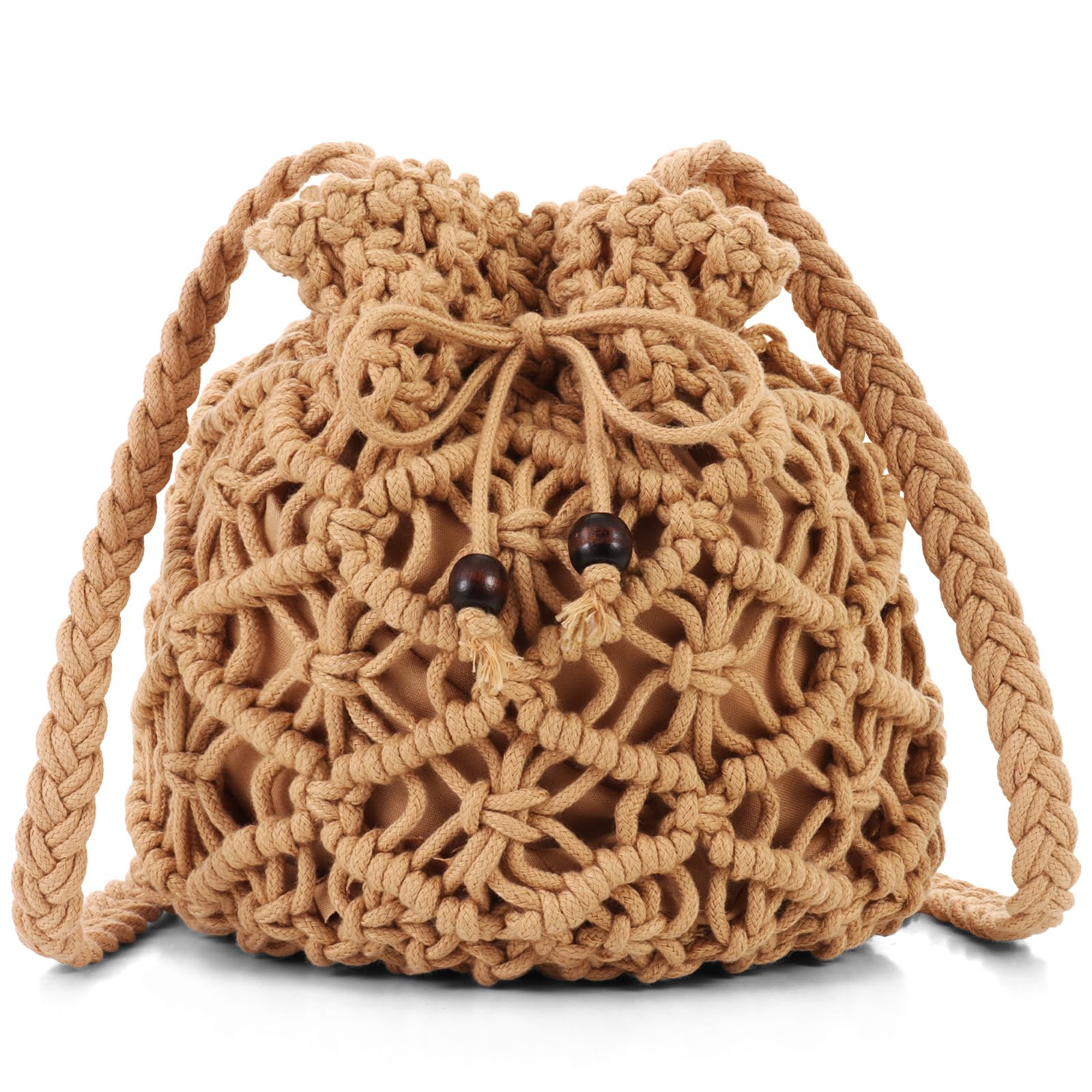 OvidaCrochet Mini Bucket Bag - Summer Woven Beach Shoulder Bag with Drawstring Closure