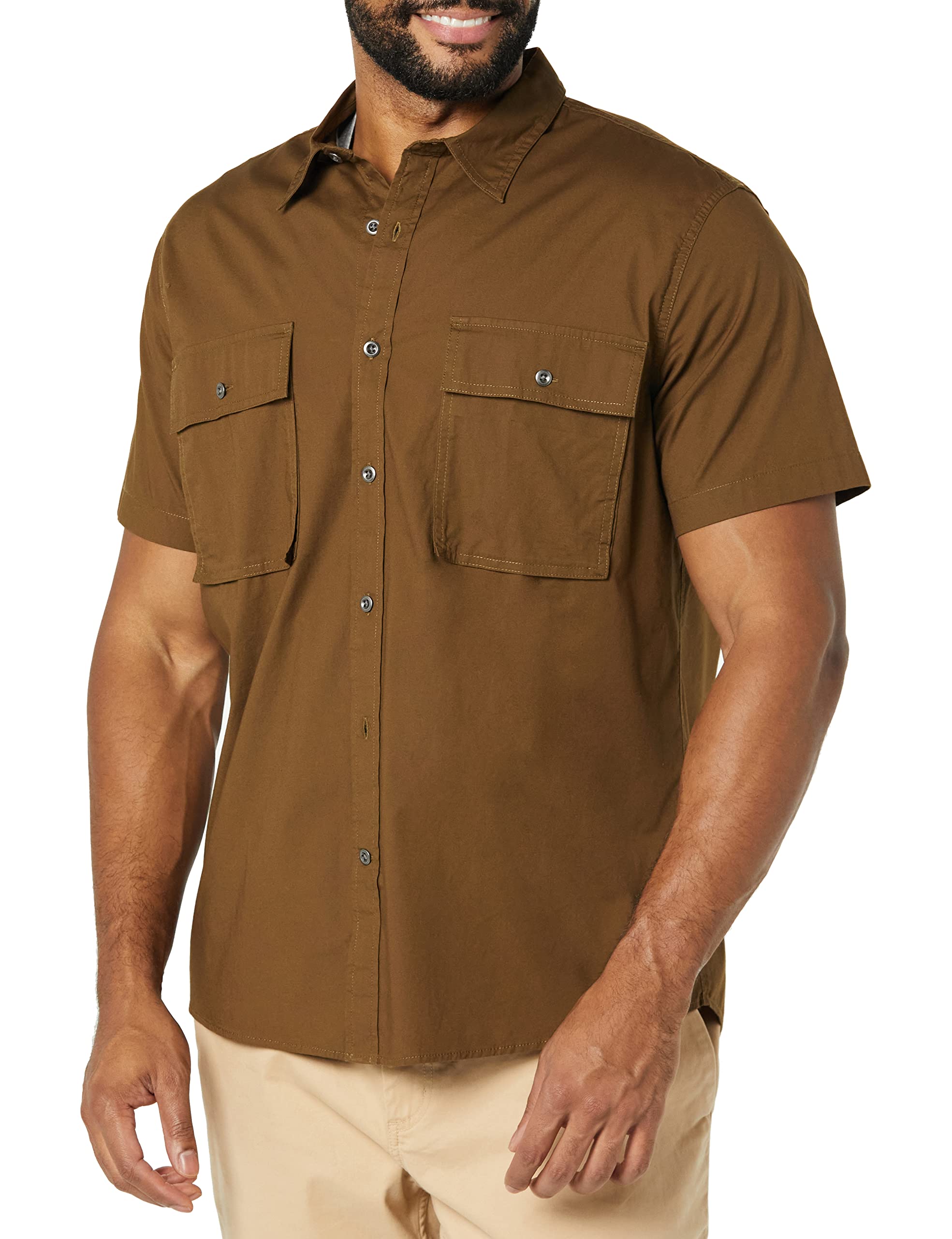 Amazon Essentials Herren Utility-Hemd mit kurzen Ärmeln, Zwei Taschen und schmaler Passform, Dunkles Olivgrün, L Tall