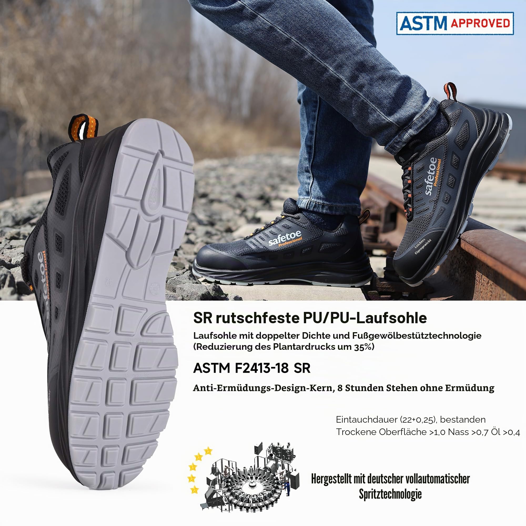 SAFETOE L-7571 Herren Sicherheitsschuhe Sneaker atmungsaktiv mit Composite-Zehenkappe, durchstichsicher, antibakteriell (EN ISO 20345:2022 S1)