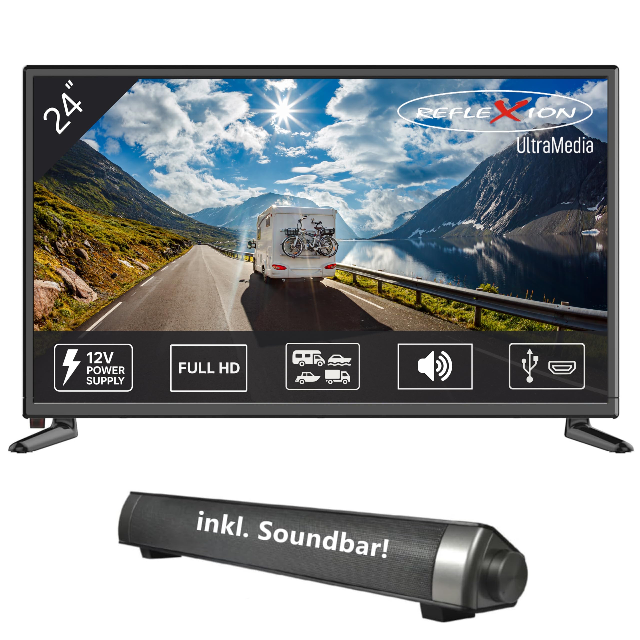 Reflexion 24 Zoll Fernseher mit Soundbar - 12V KFZ-Adapter für Wohnmobile und Wohnwagen - HDMI, USB, LED2425SB