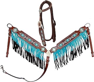 Equitem Pony Size Leather Headstall and Breast Collar Set with Beaded Color Inlay and Ombre Fringe (Teal)