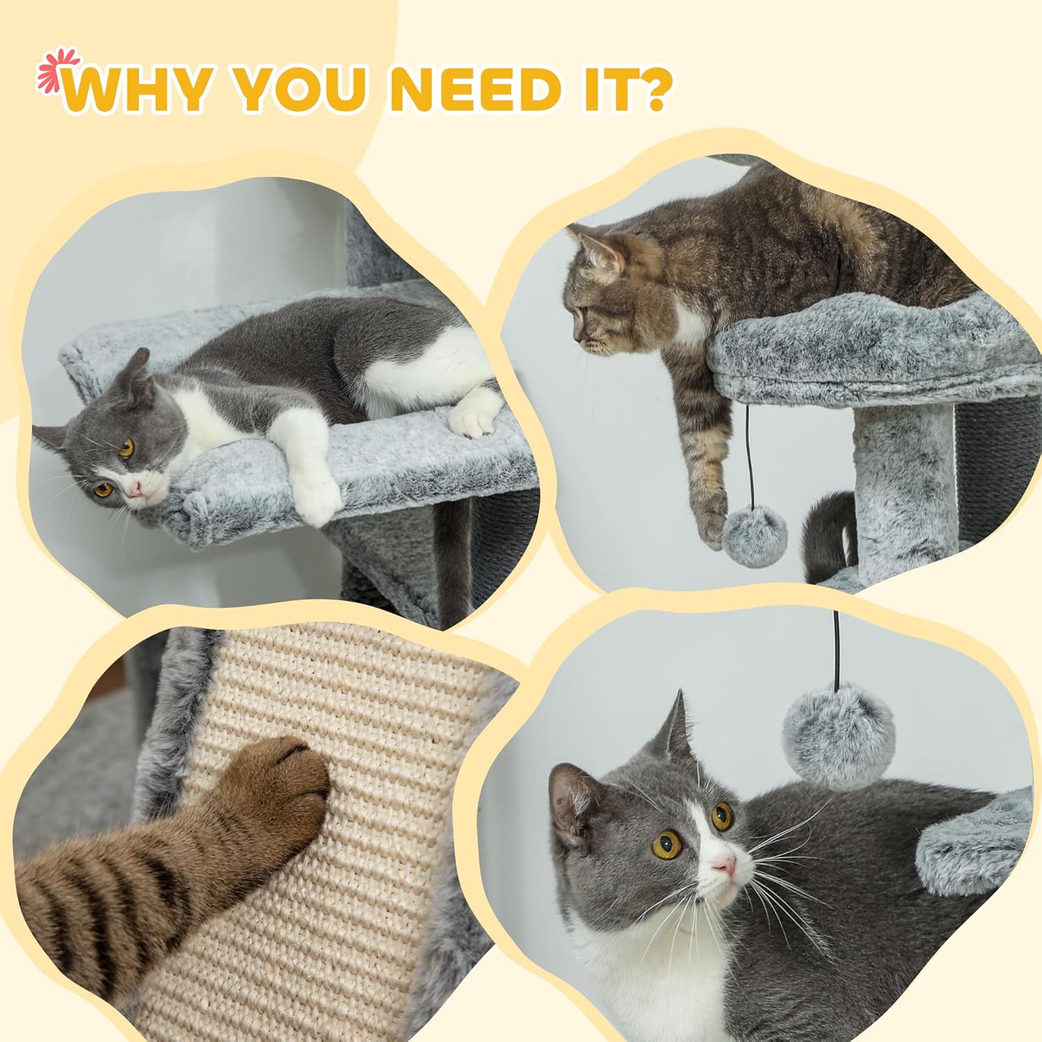 Adjustable Gray Floor-to-Ceiling Cat Tree Tower with Hammocks and Condo