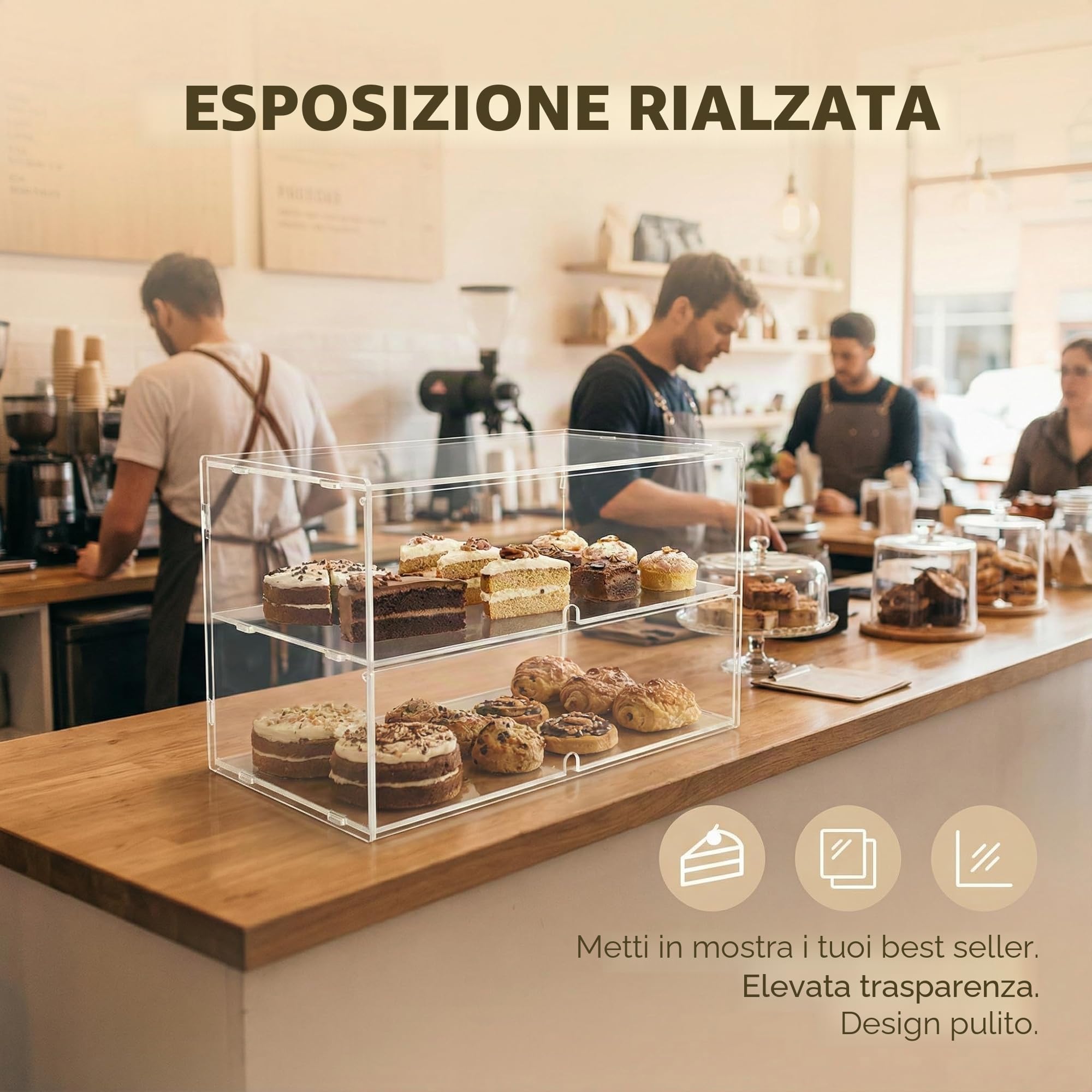 Espositore per pasticceria a 2 ripiani per piano di lavoro commerciale, 48 x 24,1 x 30 cm, in acrilico, per pasticceria, dessert, ciambella, pane, torta, cupcake, bagel, biscotti