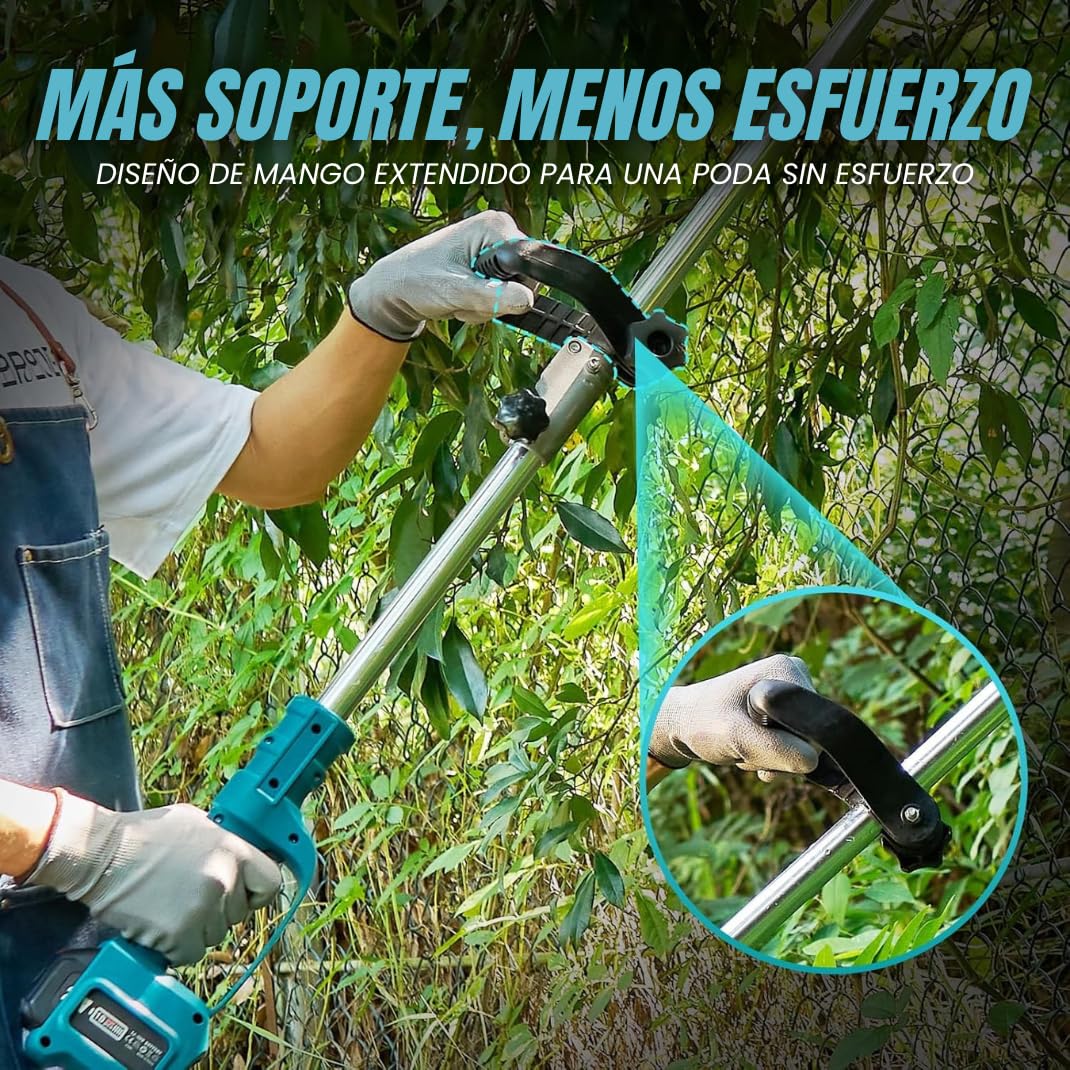 Kit de Poda a Bateria Profesional | Motosierra Lubricada con Depósito de Aceite + Tijeras de Podar Electricas 40 mm | Pertiga Telescopica hasta 4,5 m y Mango de Agarre | Incluye 2 Baterias
