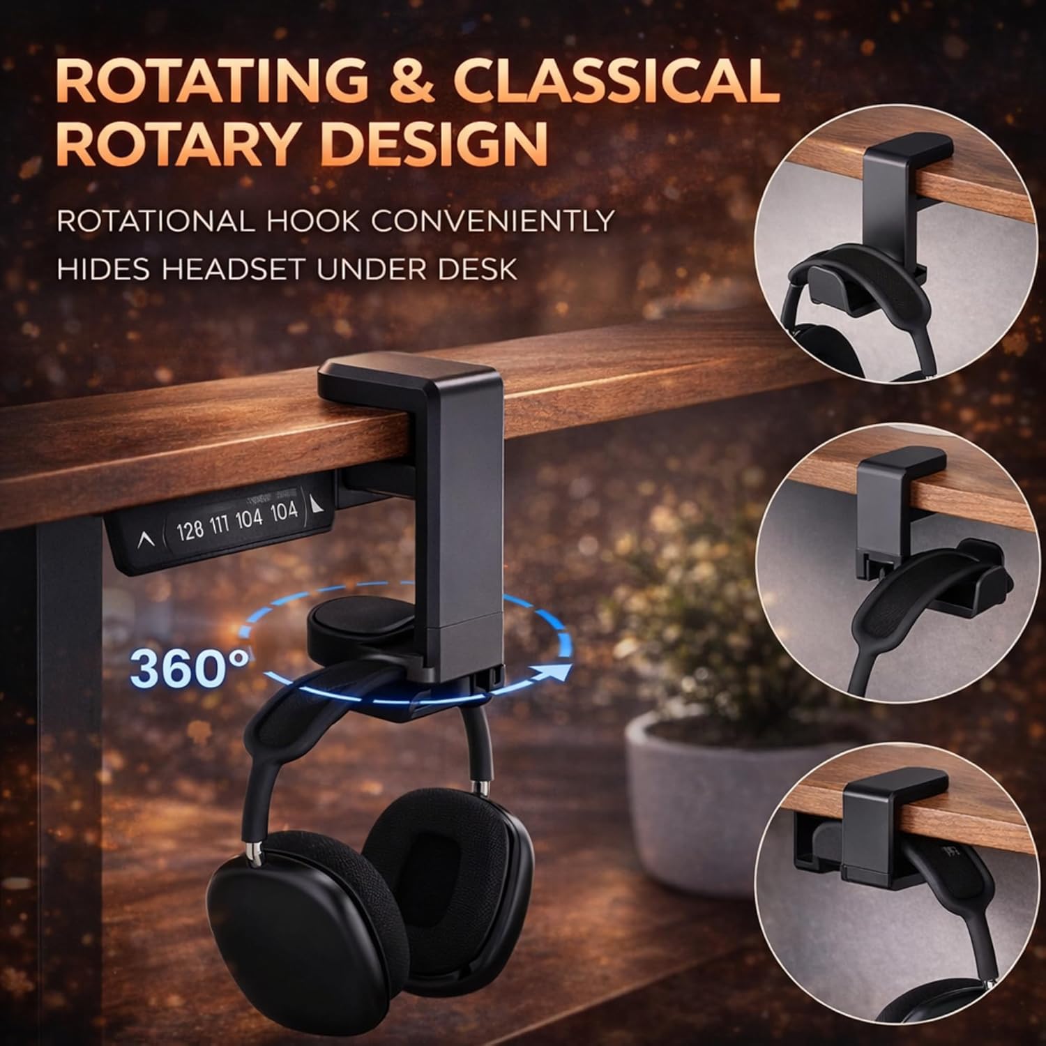 PC Gaming Headset Headphone Hook Holder Hanger Mount, Headphones Stand with Adjustable & Rotating Arm Clamp, Under Desk Design, Universal Fit, Built in Cable Clip Organizer EURPMASK - Image 3