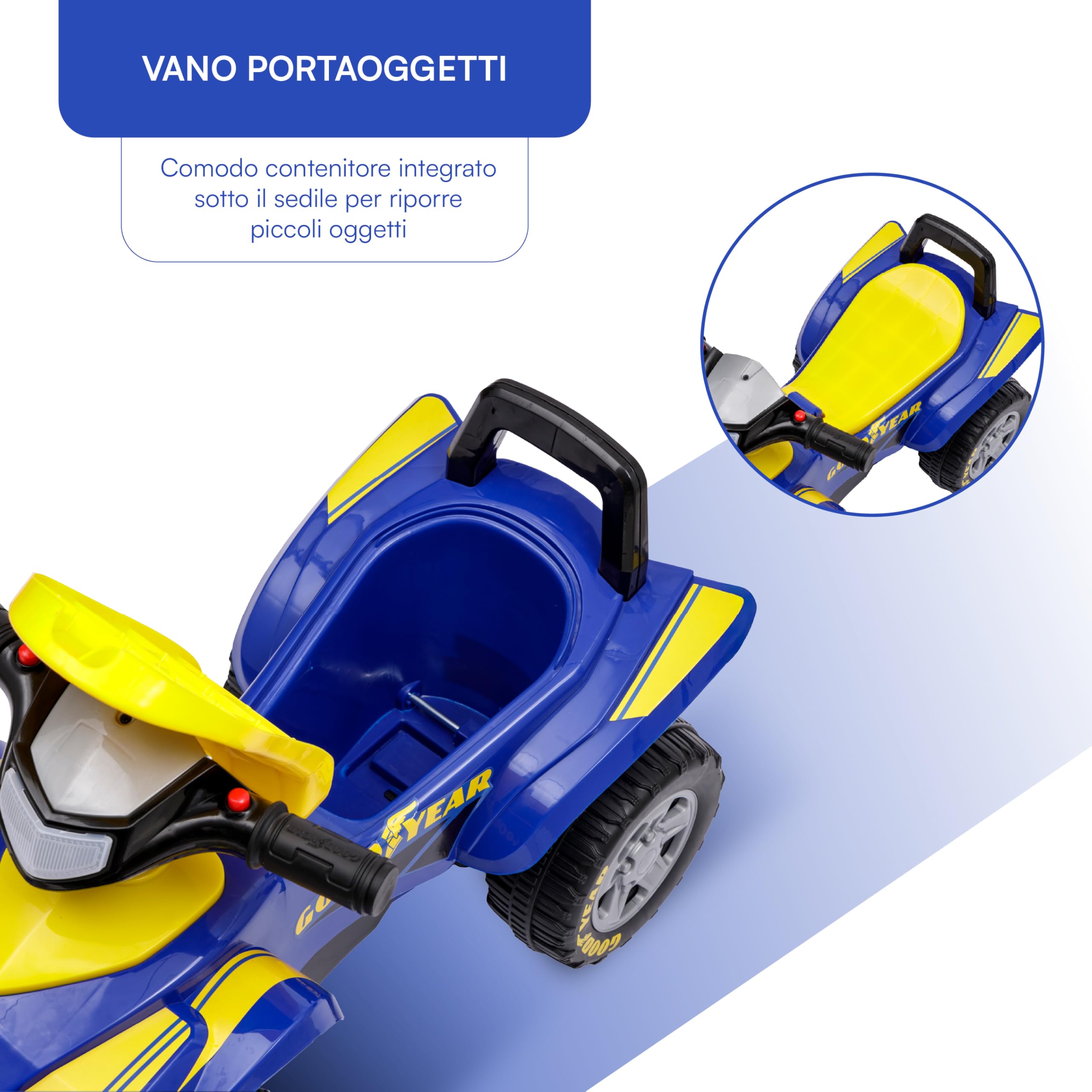 Baroni Toys Quad Giocattolo Cavalcabile per Bambini 18-36 Mesi con con Licenza GOODYEAR, Vano Portaoggetti, Suoni Realistici e Fari LED, Dispositivo Antiribaltamento, 38x60x42 cm