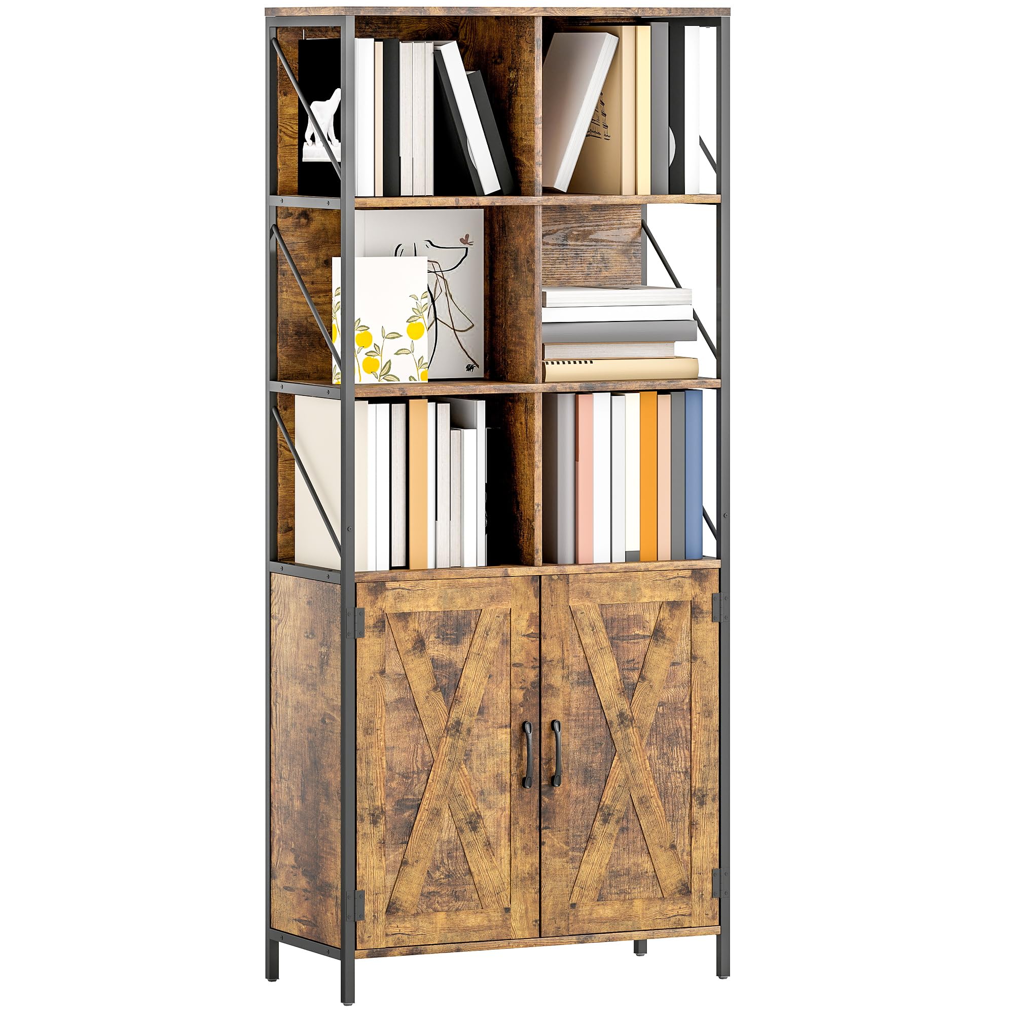 HOMCOM Librería de 6 Niveles Estilo Industrial 75x34x172 cm Marrón Rústico | Estantería de Libros Organizador, 6 Compartimentos Abiertos, 2 Puertas, Estante Ajustable, Salón Oficina Dormitorio