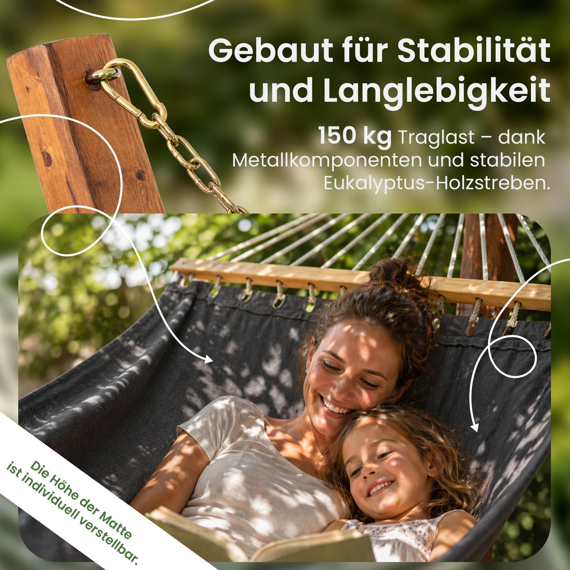 CLP Hängematte freistehend Miramar mit Holzgestell aus Eukalyptus, Hängemattengestell bis 150 kg belastbar, ideal für Garten, Terrasse, Balkon, Farbe:grau