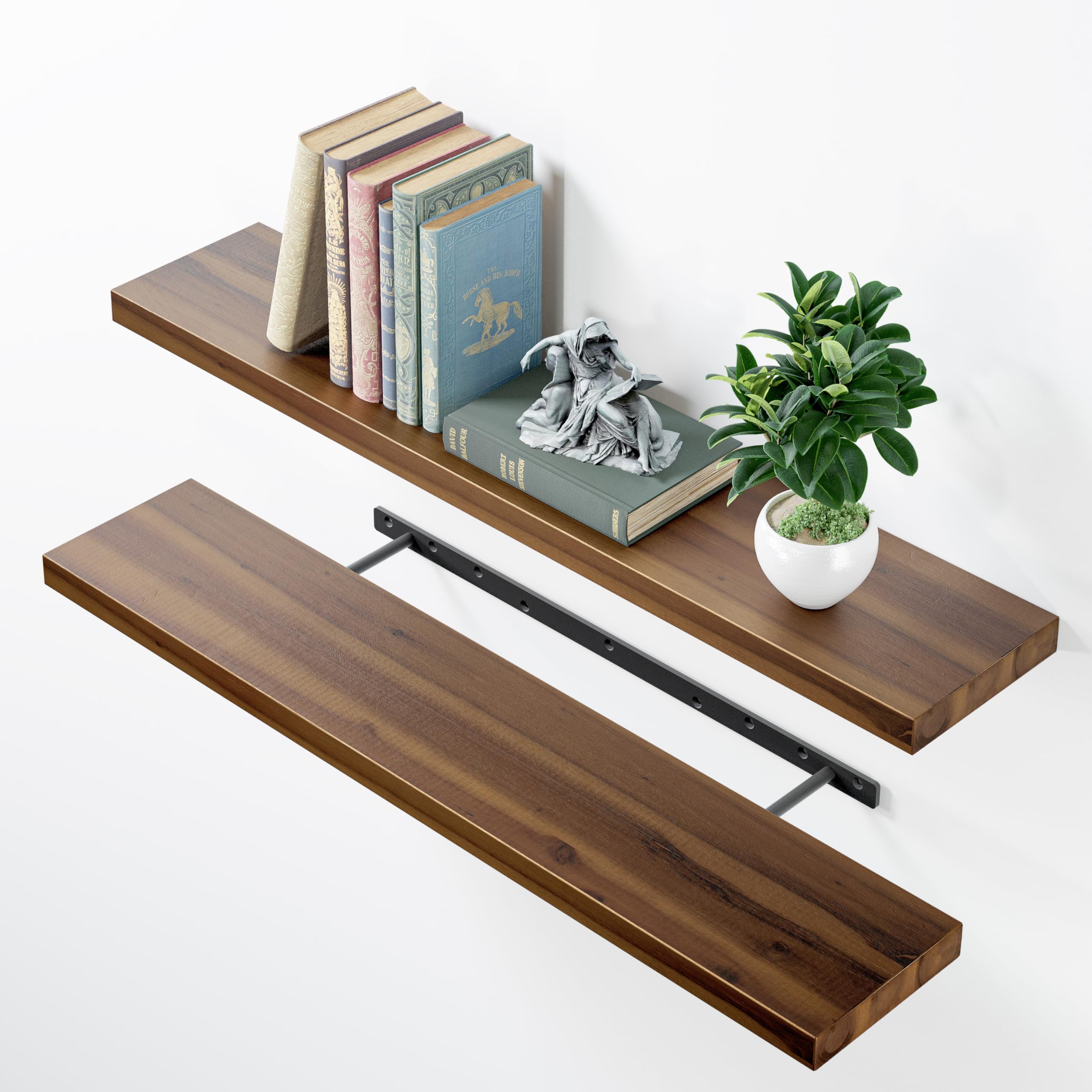 BATODA Set of 2 36" Acacia Floating Shelves for Wall – Rustic Farmhouse Floating Shelves - Wooden Wall Storage Shelf Home Décor - DIY Floating Book Shelves - with Brackets & Hardware (Walnut Color)