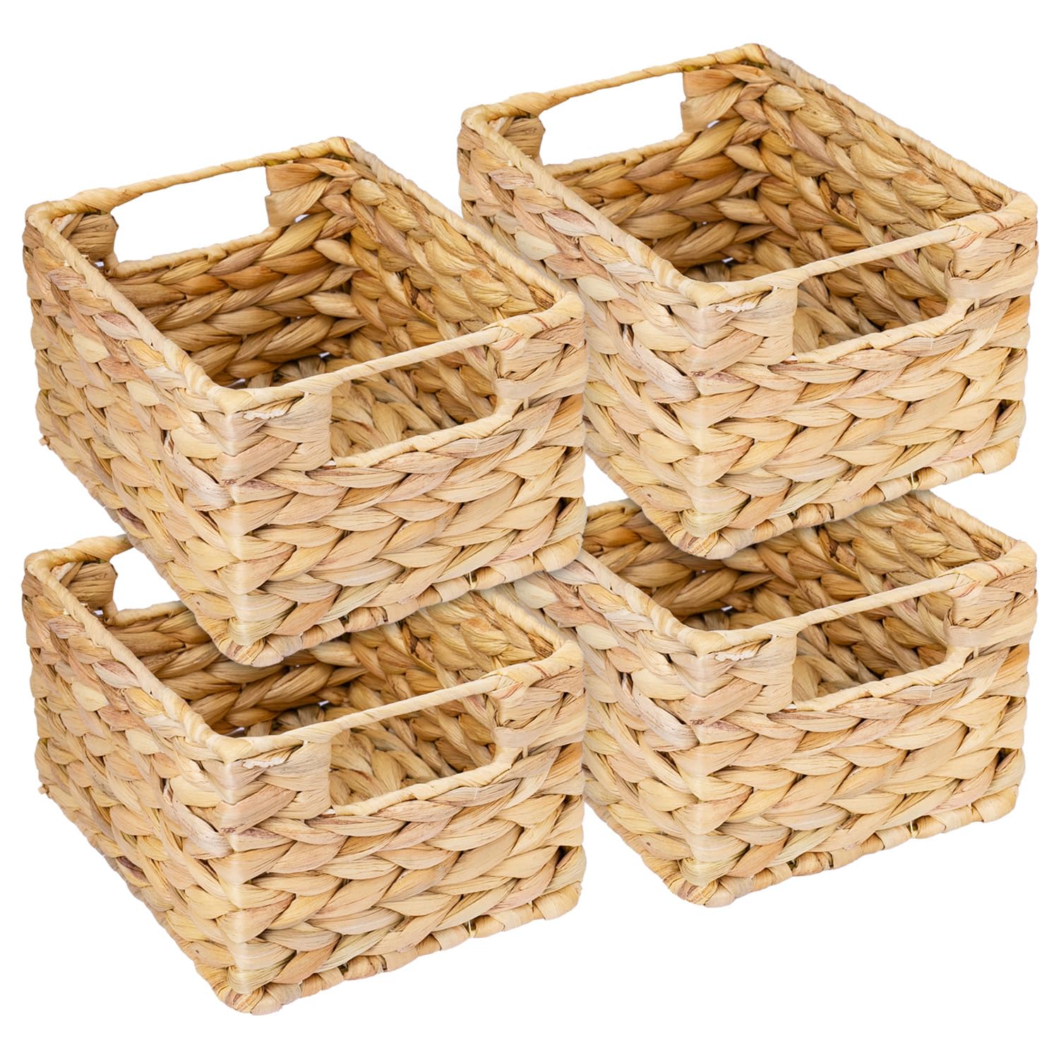 Cestino portaoggetti HMF intrecciato in giacinto d’acqua, cestino decorativo con manici per riporre oggetti in bagno, cucina e zona giorno | Set da 4 | Dimensione S | 22 x 17 x 12 cm | Naturale