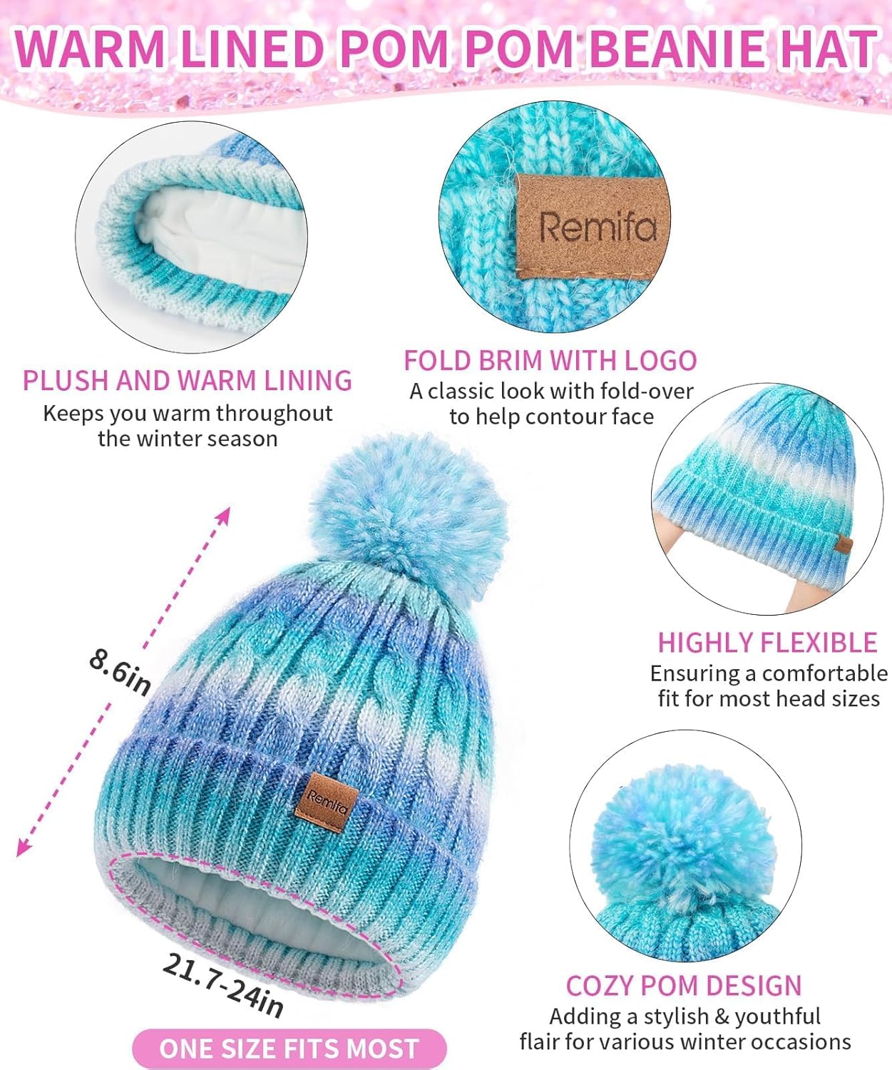 Remifa Winter Hat Scarf Gloves Set for Women Teen Girls, 3 PCS Pom Beanie Skull Cap Knit Scarf Gloves Mittens Valentines Gift - Image 2