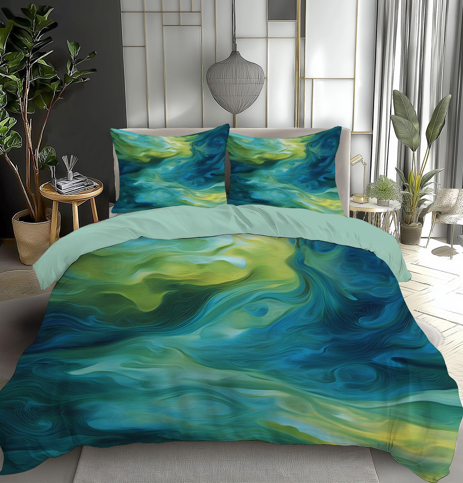 Juego de Funda Nórdica 150x220cm 3 Piezas para Cama, Océano Olas Microfibra de Poliéster Suave Transpirable Abstracto, Incluido 1 Funda Edredón y 2 Fundas de Almohada, Amarillo Verde