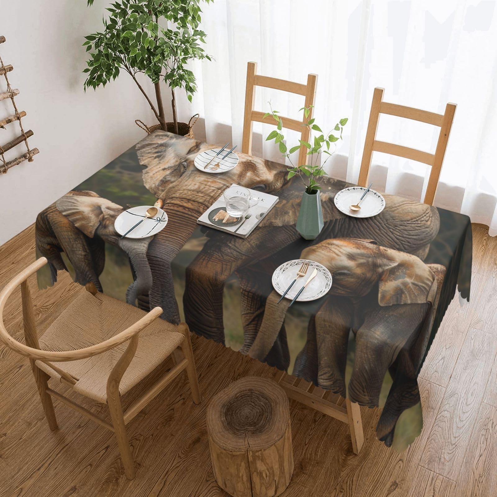 WPKJU Elephant Family Printed Rectangle Tablecloth 72x54 Inch with Lace Trim, Water-Resistant Washable Table Cover for Farmhouse Weddings, Outdoor Picnics & Holiday Dining