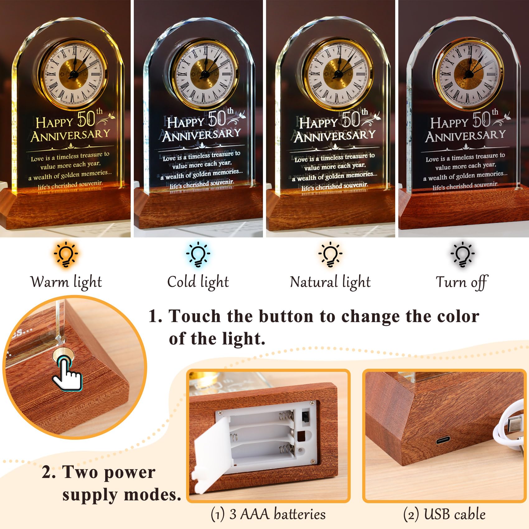 YWHL 50th Wedding Anniversary Clock Gifts for Parents Grandparents, 50 Years Anniversary Couple Gifts, Glass Table Clock Presents with Wooden Light Base for Home Decoration (Battery not Included)
