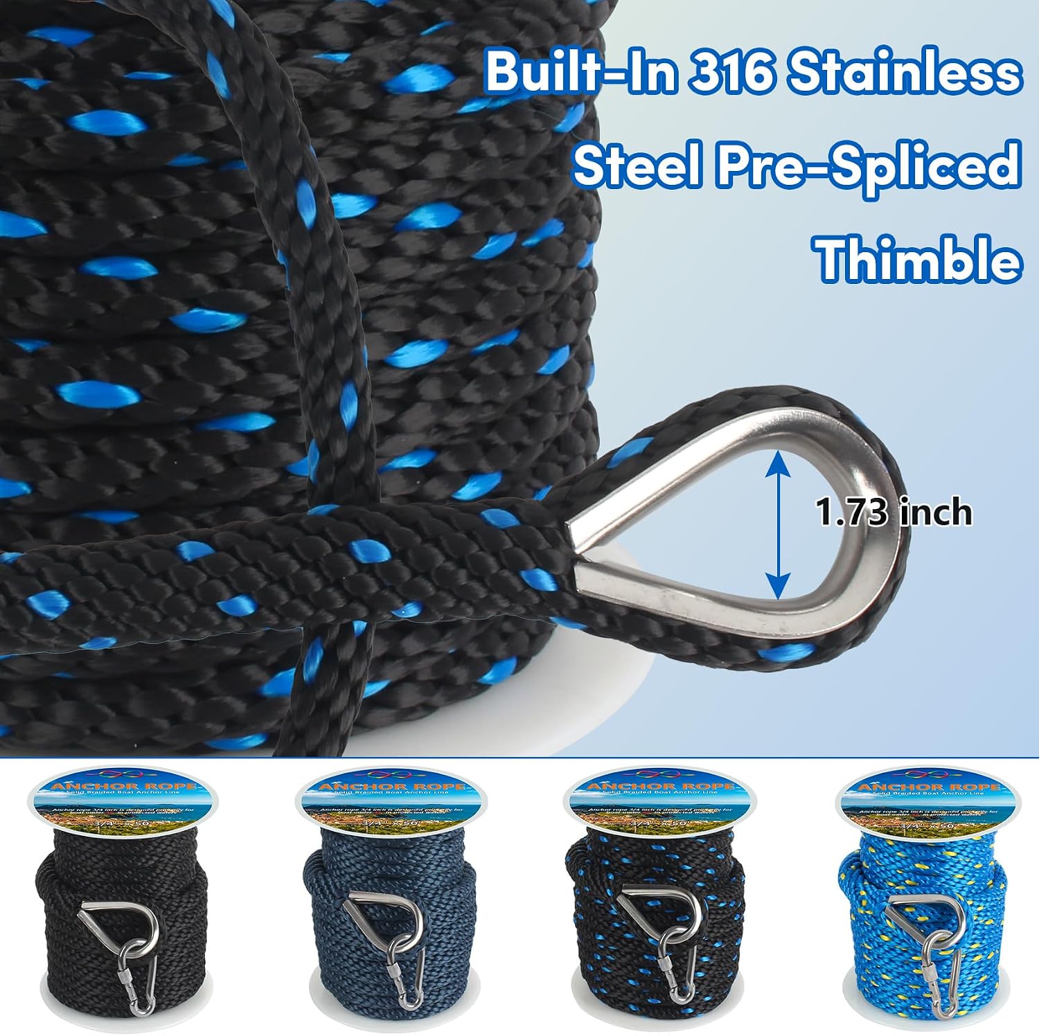 Anchor Rope 3/4 Inch 50 FT, Boat Anchor Rope Solid Braid MFP, Anchor Line with 316 Stainless Steel Thimble & Snap Hook for Towing Mooring Docking Anchoring Boats Up to 45' - Black & Lake Blue