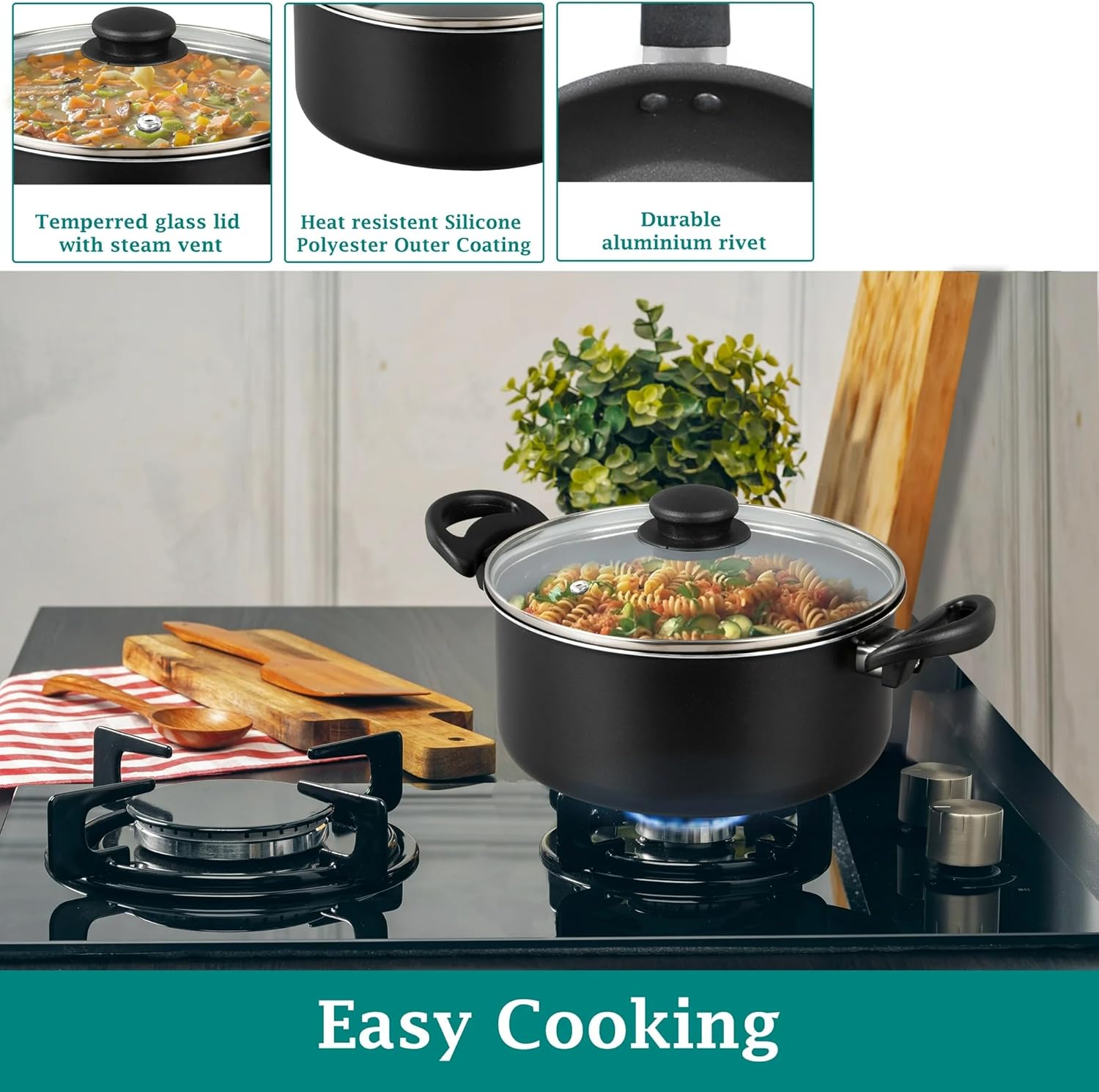 7 Piece Non-Stick Cookware Set Aluminium, Pots and Pans Cookware Set, Black