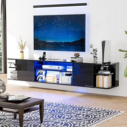 VINGLI Soporte de TV flotante negro de 63 pulgadas con luces RGB, centro de entretenimiento montado en la pared con almacenamiento, consola