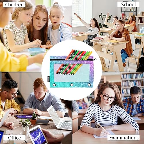 Miniatura 6 de Estuche para lápices con purpurina azul y rosa para lápices de 3 anillos con cremallera, estuche transparente para lápices, bolsas para cosméticos