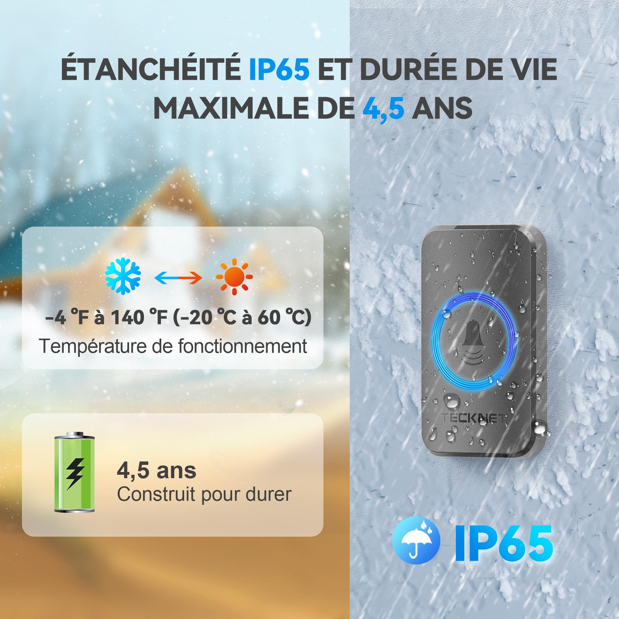 TECKNET Sonnette sans Fil, IP65 Exterieur Étanche Sonnette Sans Fil 500 Mètres Two Récepteur Sonnette Electronique, 60 Mélodies 5-Niveaux Éclairage RVB, pour Maison, Hôtel, Urgence