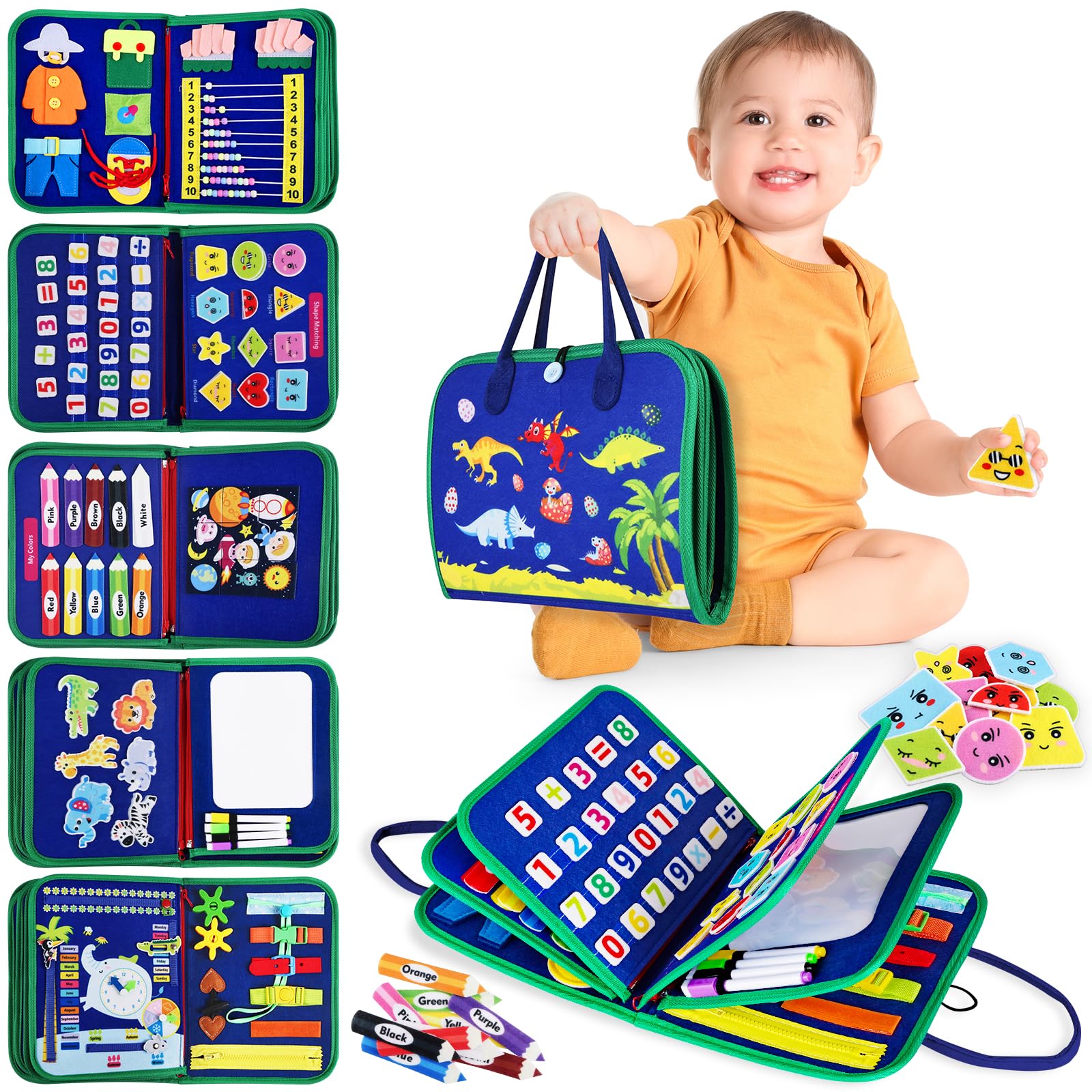 Busy Board Montessori zabawka edukacyjna dla dzieci 1, 2, 3, 4 lata, 10 w 1, zabawki edukacyjne, zabawki rozwojowe, zabawki podróżne dla dzieci, prezent dla chłopca, dziewczynki, niebieska