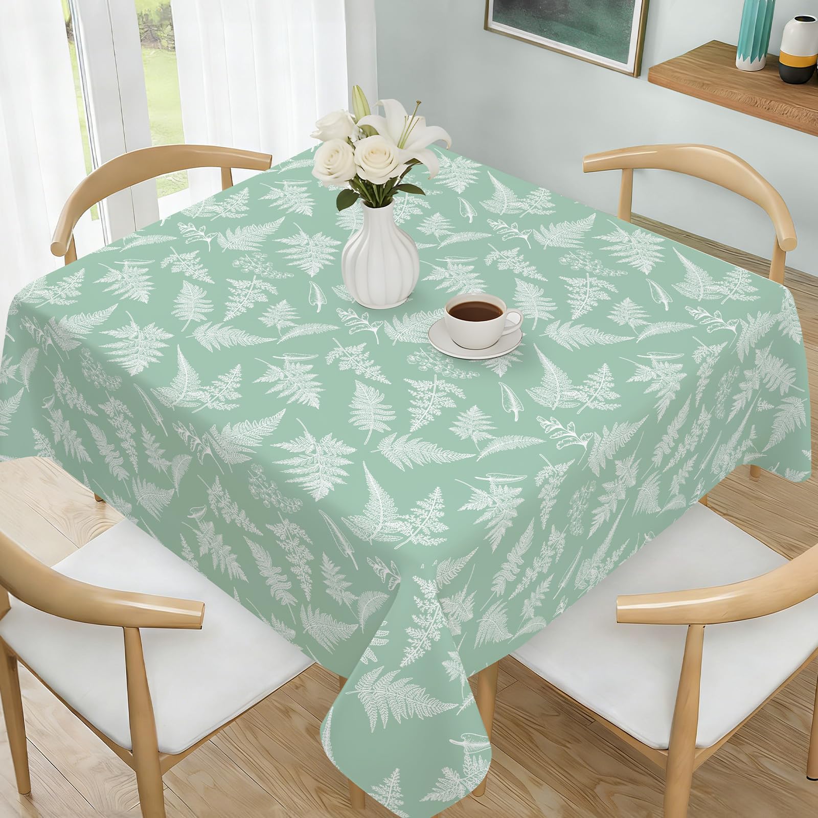 hometrixx Spring Summer Square Table Cloth Mint Leaf Fern Leaves Washable Wipeable Polyester Tablecloth Stain Wrinkle Resistant Oil Proof Table Cover Decor for Dinner Picnic,140×140cm Light Green