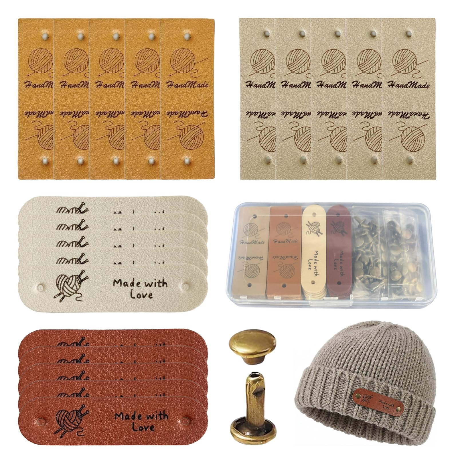 Wihozte 20 Pieces Handmade Labels For Crochet, Handmade With Love Tags, Leather Tags With Rivets With Holes, 4 Colours Personalized Gift Tags For Clothing, Bags, Hats
