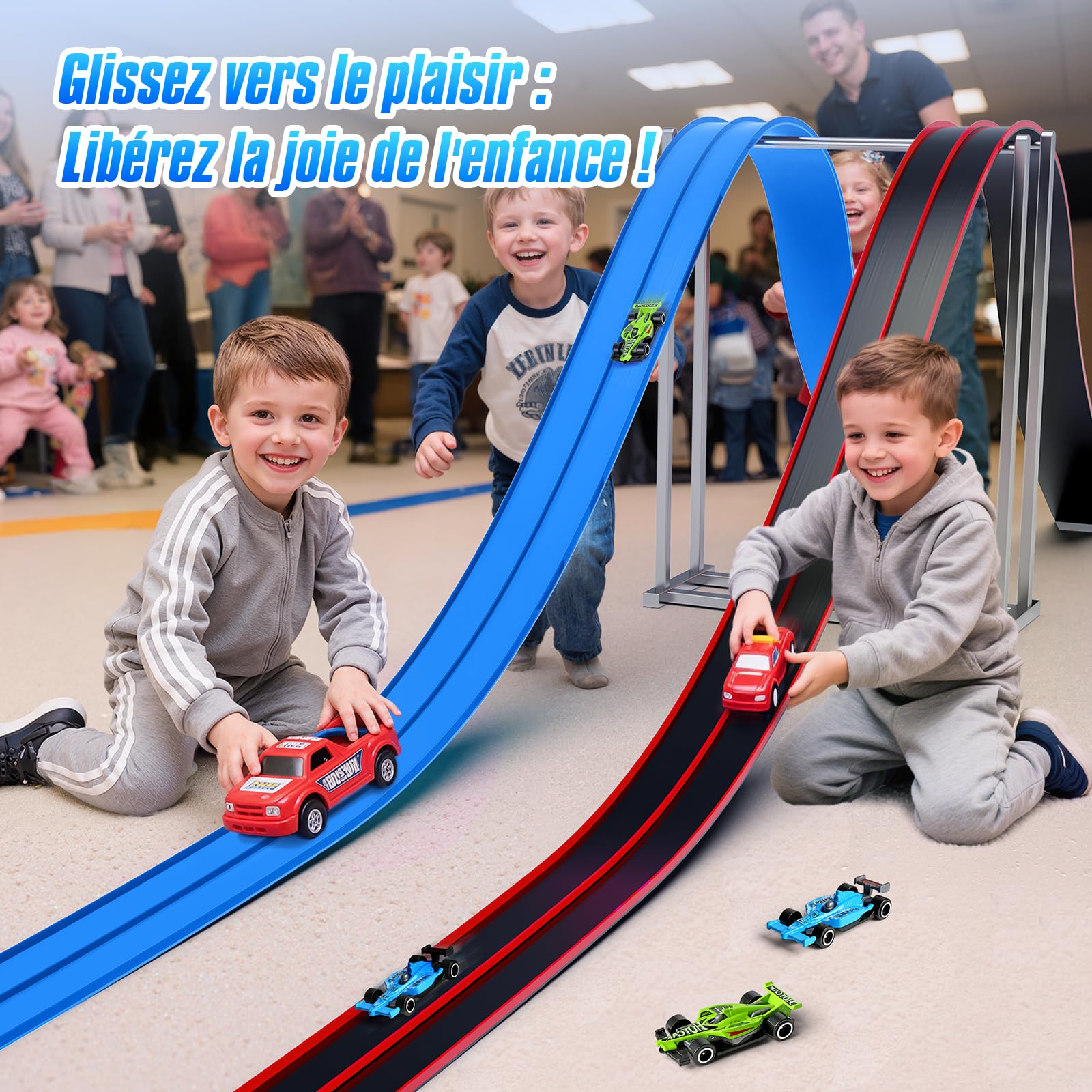 Hot Bee Circuit de Course Flexible Bleu 4,5 m, Piste Voiture Enfant en Silicone avec Crochet et Ventouses, Rampe Créative sans Pile pour Petites Voitures, Jouet Garçon Fille 3-8 Ans