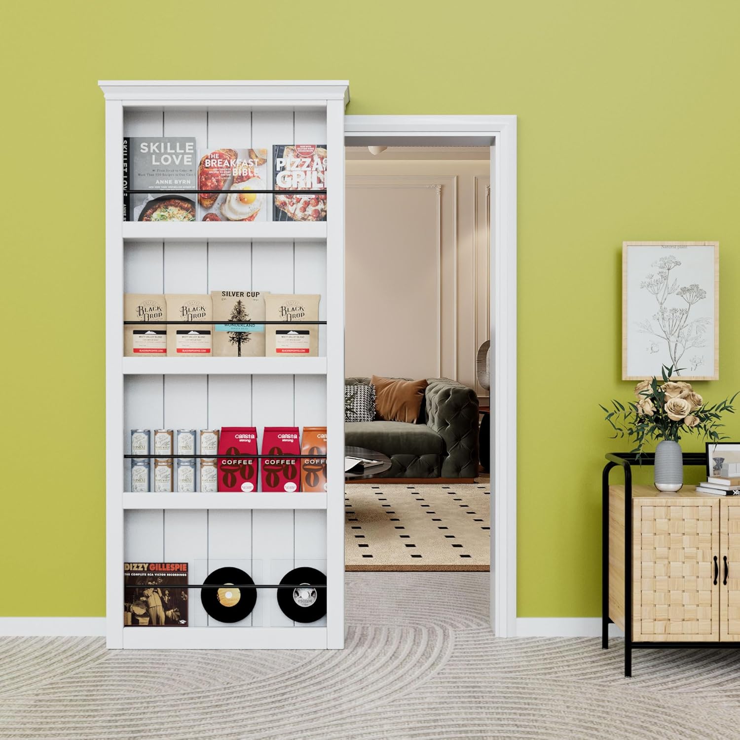 (Incomplete)36\" x 84\" Ghost Sliding Barn Door and Hardware Kit & Soft Close & Moulding Top, 4 Shelves Concealed Barn Door for Opening up to 33\" x 84\", MDF Hidden Doors, White Primed, Assembly Required 36\" x 84\" Hidden Door with Moulding Top