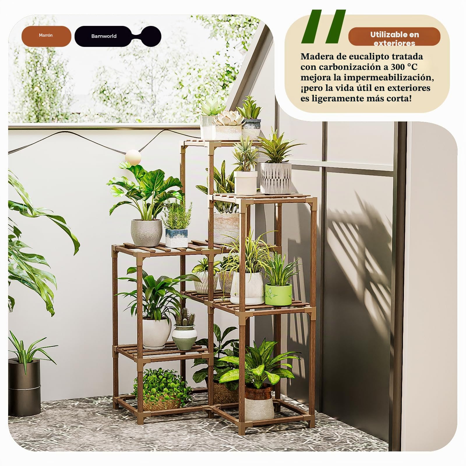 Bamworld Estante esquinero para plantas para interiores y exteriores, estantes de esquina para plantas de interior para sala de estar de 7 niveles, estante para plantas al aire libre, múltiples
