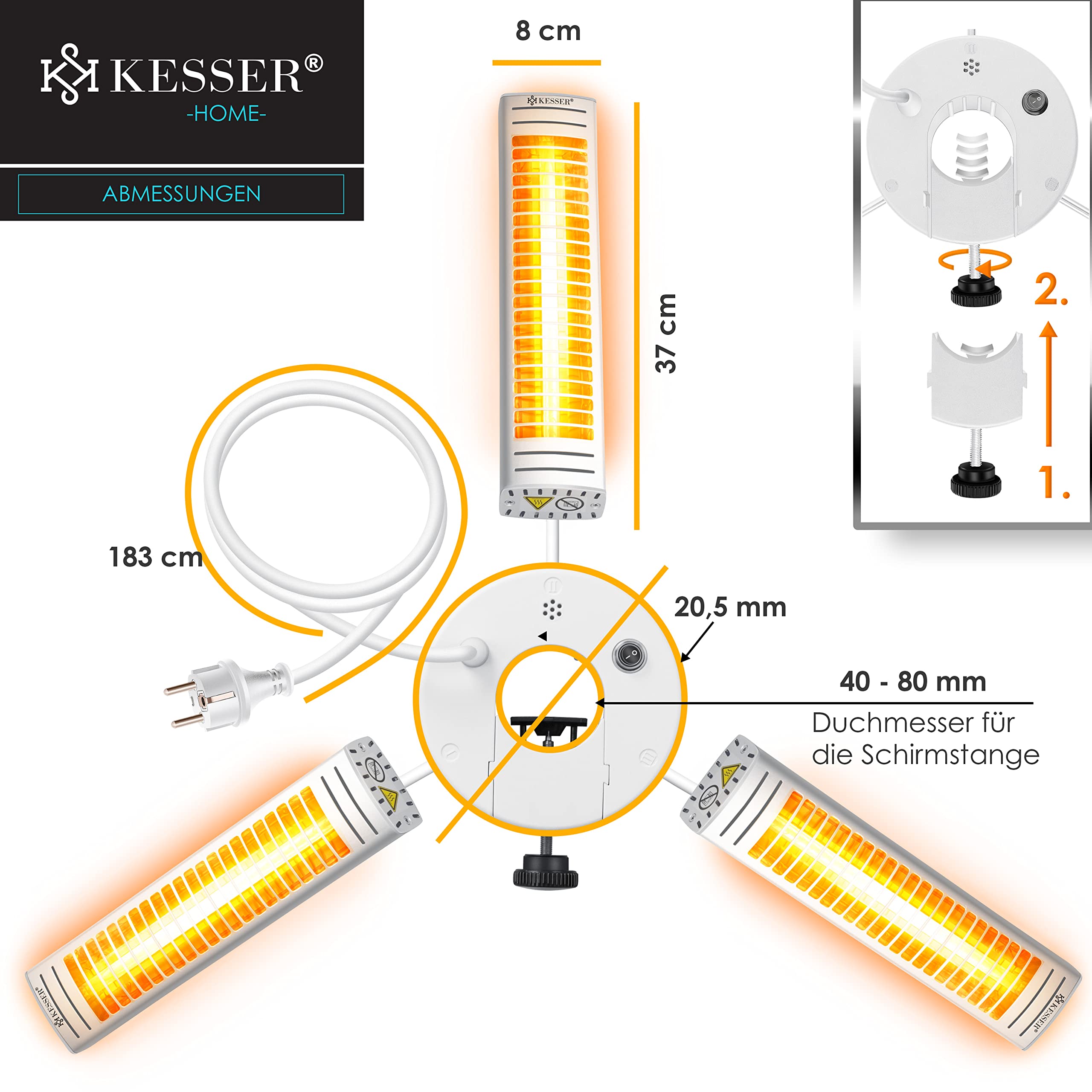 KESSER® Heizstrahler Infrarot 3000W für Terrasse Gastro- & Sonnenschirm Quarzstrahler Outdoor Infrarotstrahler Terrassenstrahler mit Fernbedienung | höhenverstellbar Garten & Außenbereich
