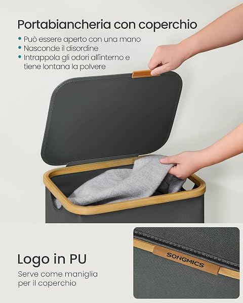 SONGMICS Cesto de Ropa con Tapa, Recogedor de Colada, Tejido de Oxford, Plegable, Marco de Bambú, Lavadero, Dormitorio y Salón, 100 L, 42 x 32 x 70,5 cm, Gris Pizarra LCB518GN01 - 3