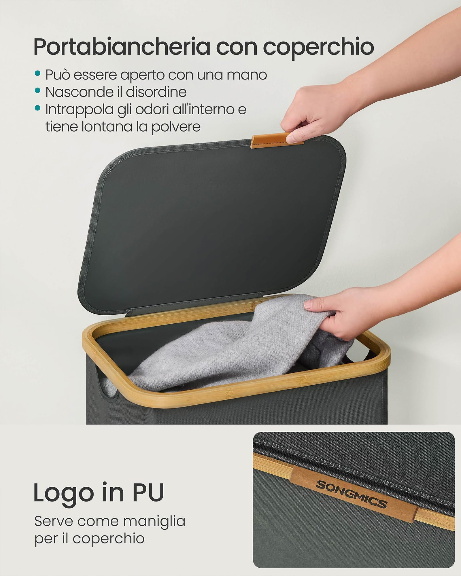 SONGMICS Cesto de Ropa con Tapa, Recogedor de Colada, Tejido de Oxford, Plegable, Marco de Bambú, Lavadero, Dormitorio y Salón, 100 L, 42 x 32 x 70,5 cm, Gris Pizarra LCB518GN01 - 4