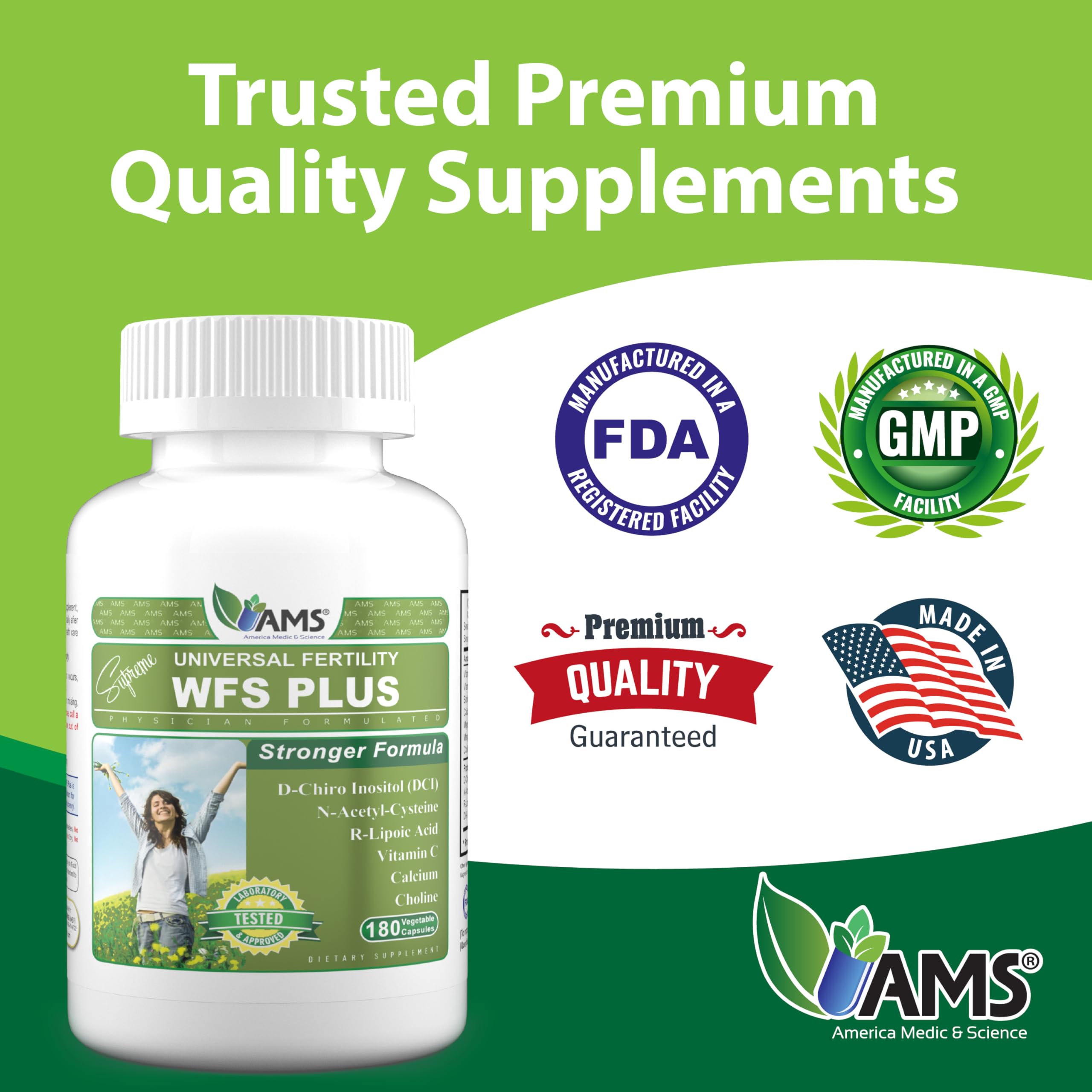 America Medic & Science WFS Plus Fertility Supplements for Women (180 Capsules) Supports Ovulatory Health | Natural Preconception Vitamins, Reproductive Aid, with D-Chiro Inositol, DHA — Amazon image 4